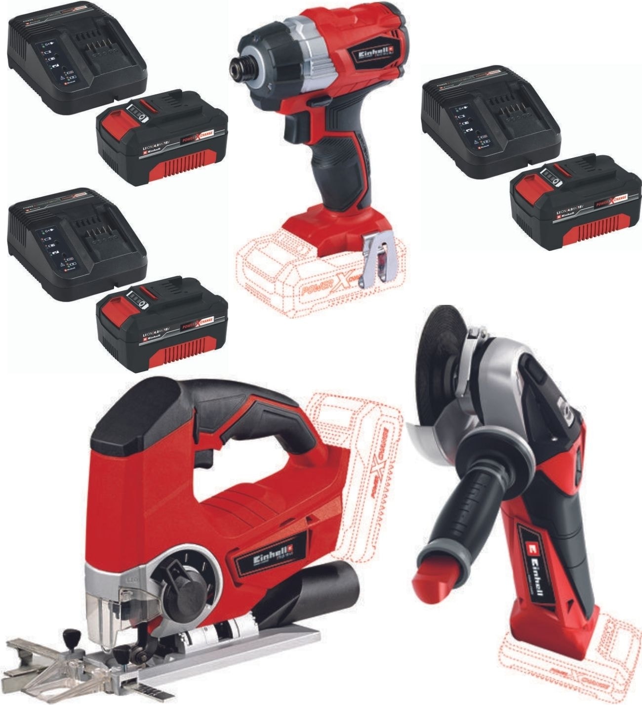 EİNHELL Te-Cı 18 Bl Vidalama Te-Ag 18/115 Avuç Taşlama Te-Js 18 Dekupaj 3X4.0AH Akülü Set