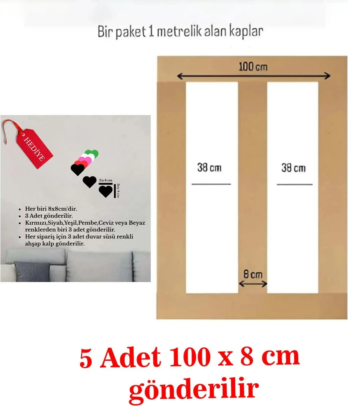 Renkli 5'li Duvar Çıtası, 100×8 Cm, Dekoratif ve Boyanabilir, Şık Tasarım