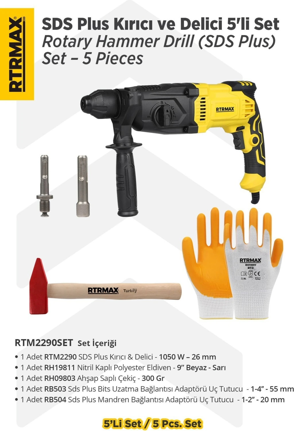 RTM2290SET Sds Plus Kırıcı ve Delici 5'li Set - Eldiven-Çekiç-Uç Tutucu