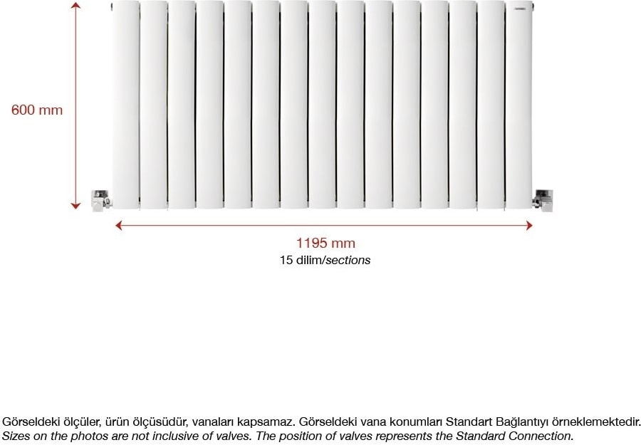 600 x 1195 mm Lilac Yatay Beyaz Alüminyum Radyatör Standart Bağlantı