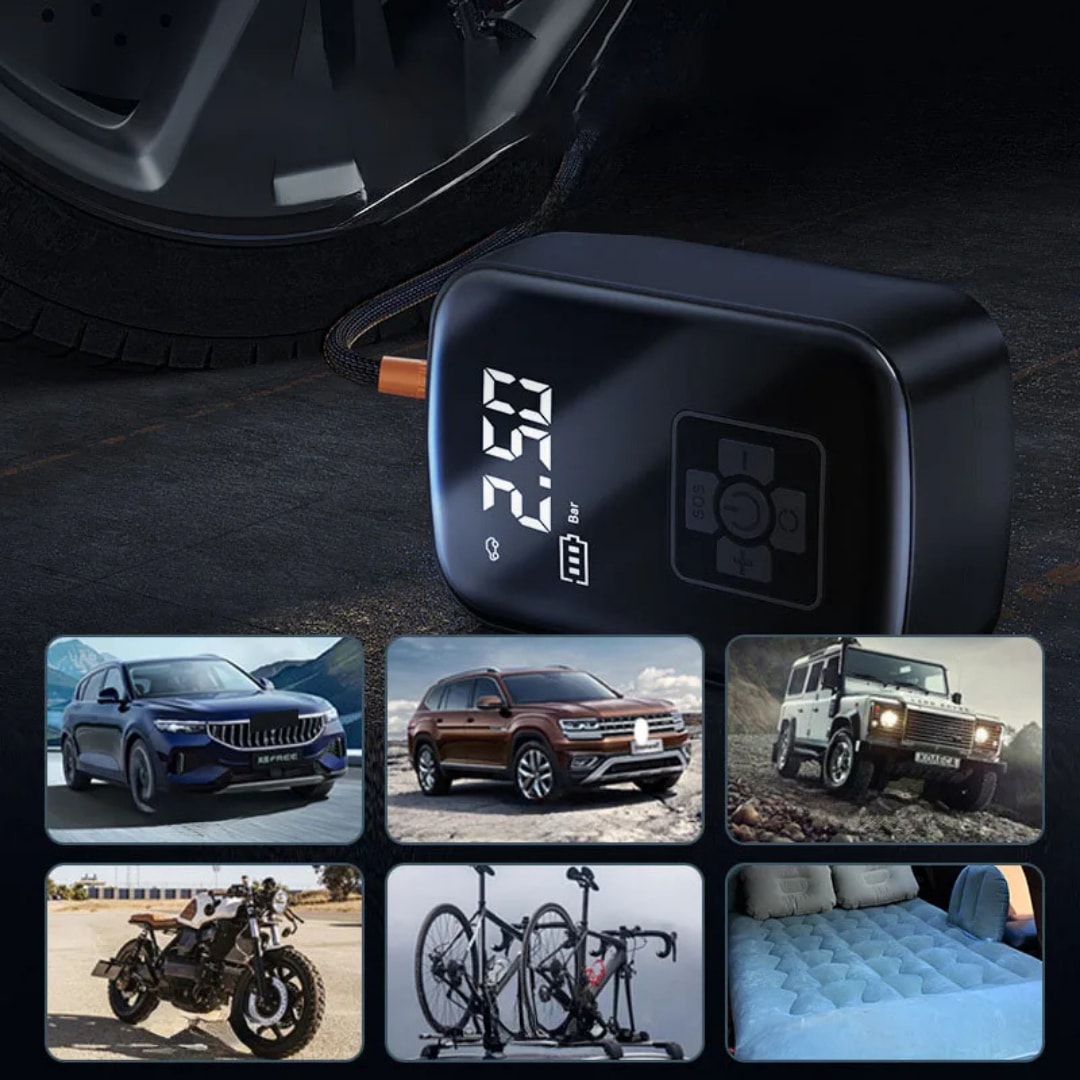 Hava Kompresörü, 150 Psı Dijital Göstergeli Oto Kompresör, Araba, Motosiklet, Bisiklet ve Top Için, Taşınabilir Şarjlı Kullanım, Fener Işığı, 4000 Mah Batarya, 3 Farklı Başlık (Psı,kpa,bar,kg/cm²)