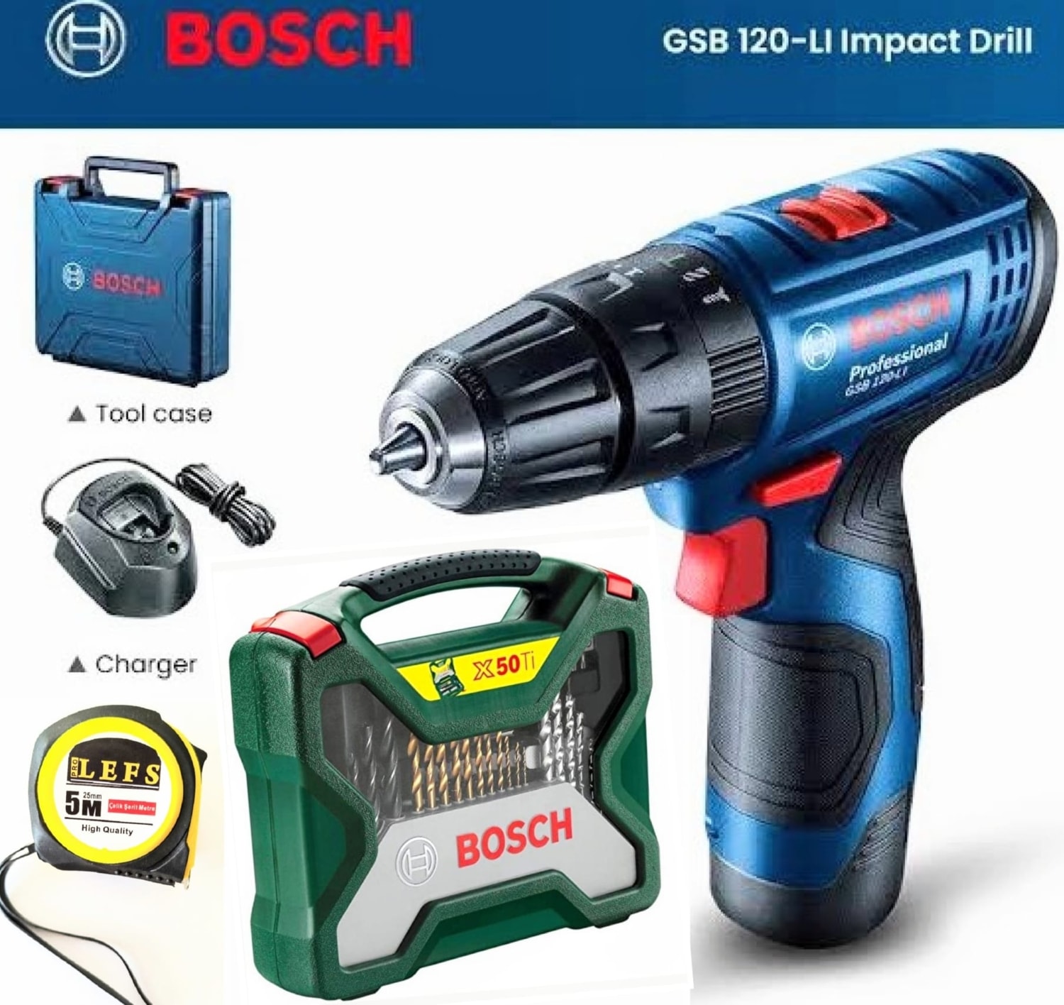 BOSCH Gsb 120 Li Darbeli Matkap Vidalama (Tek Akü) ,bosch 50 Parça X-Line Titanyum Uç Seti ve Metre
