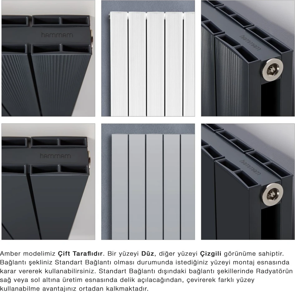 600 x 1115 mm Amber Yatay Gümüş Gri Alüminyum Radyatör Standart Bağlantı