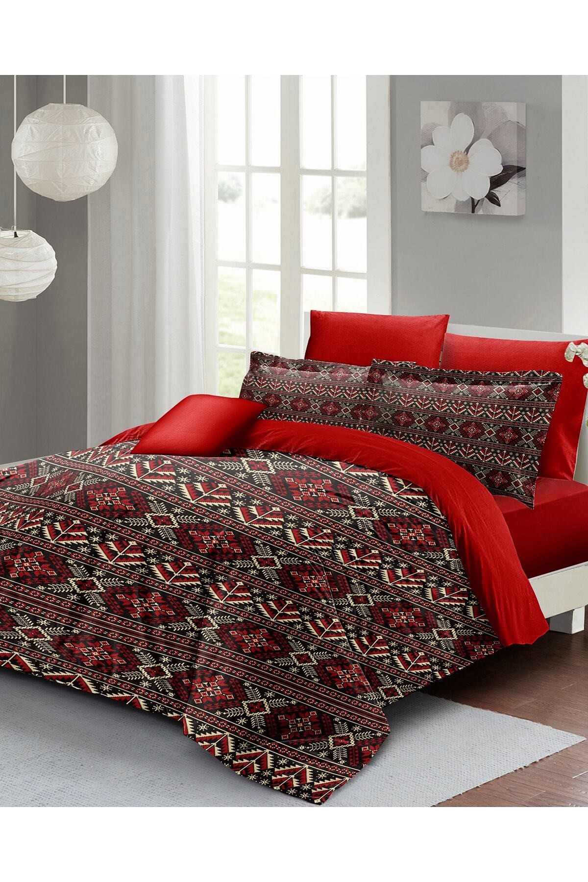 Kıng Sıze Çift Kişilik Nevresim Takımı %100 Pamuk Saten Red Old Design 220x240cm