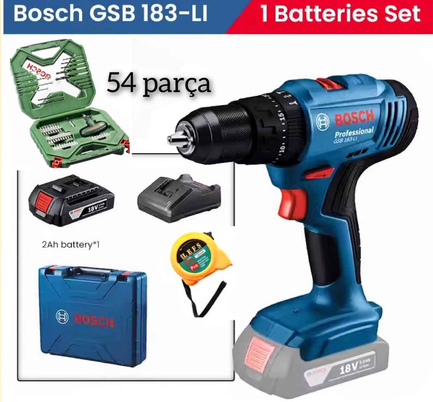 BOSCH Gsb 183 Li 2 Ah Tek Bataryalı Darbeli Akülü Vidalama ve  54 Parça Uç Seti
