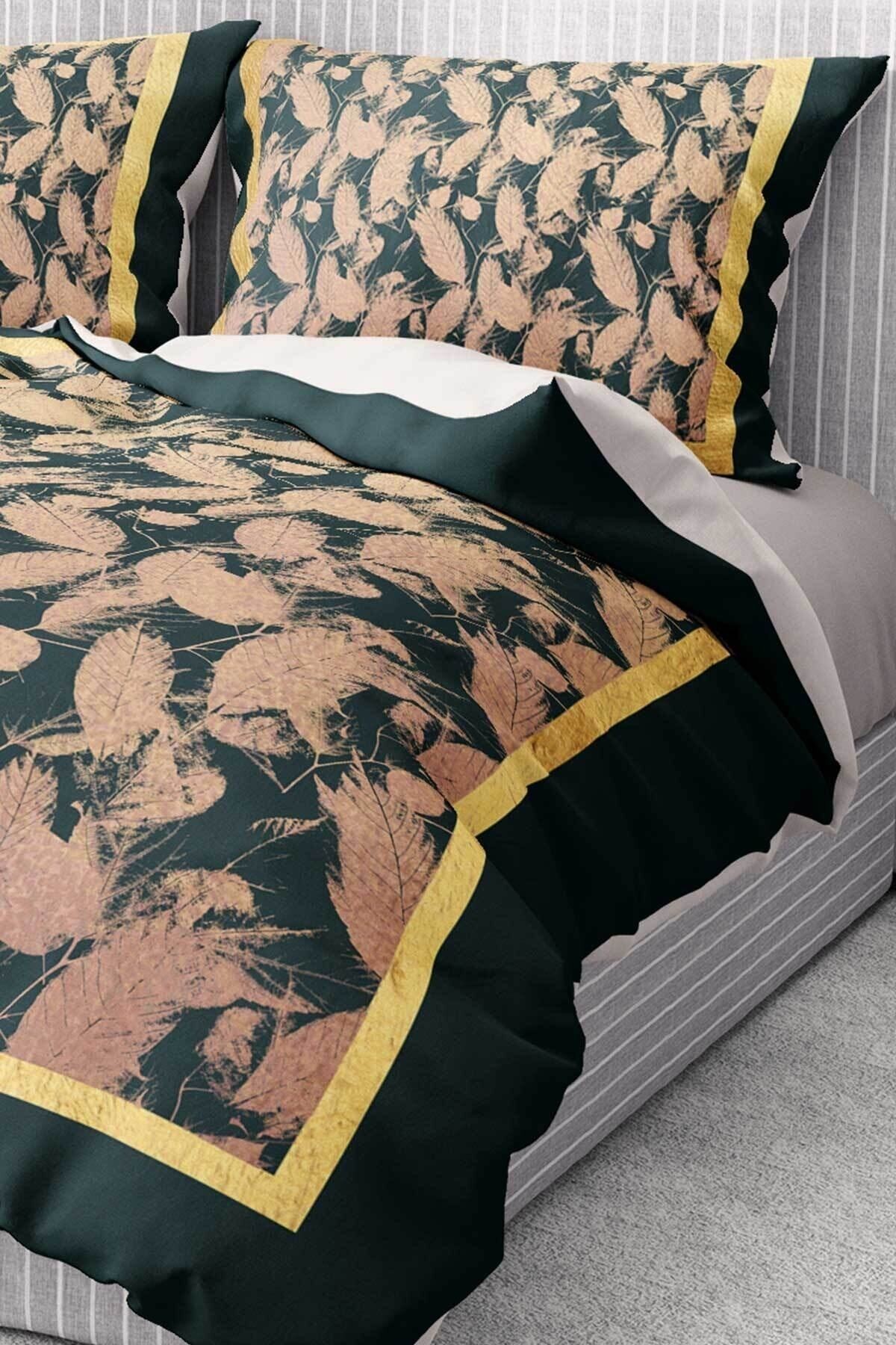 %100 Pamuk Saten Nevresim Takımı Lastikli Çarşaf Deluxe Çift Kişilik 3d Leaf