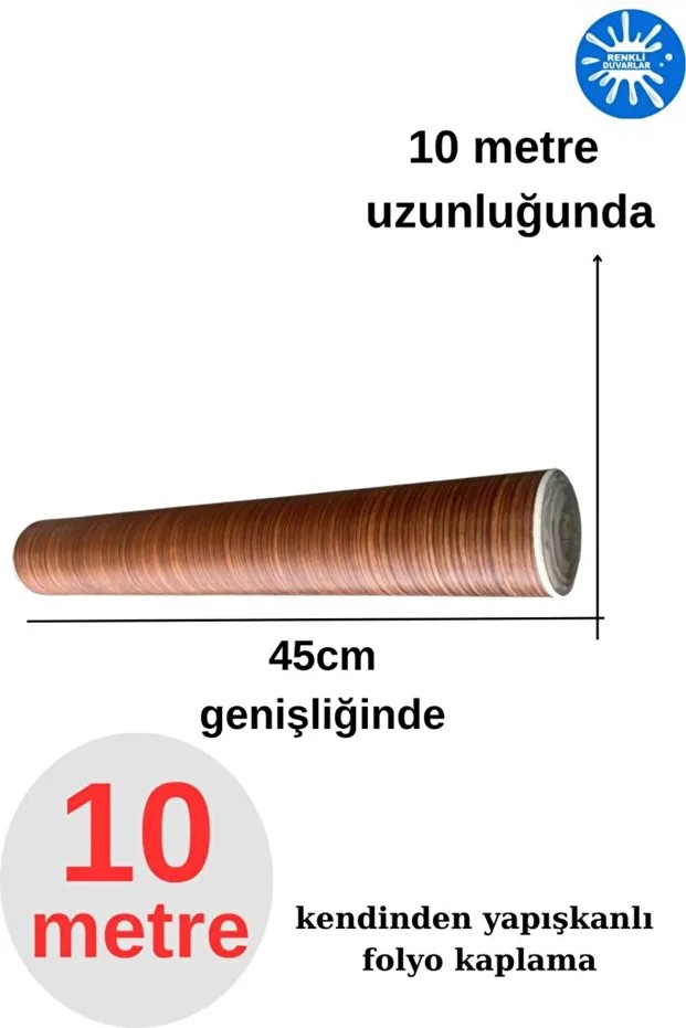 45cm x 10 Metre 1 Rulo Folyo Yapışkanlı Kestane Ahşap Görünümlü Mutfak Duvar Kaplama Folyosu Kağıdı