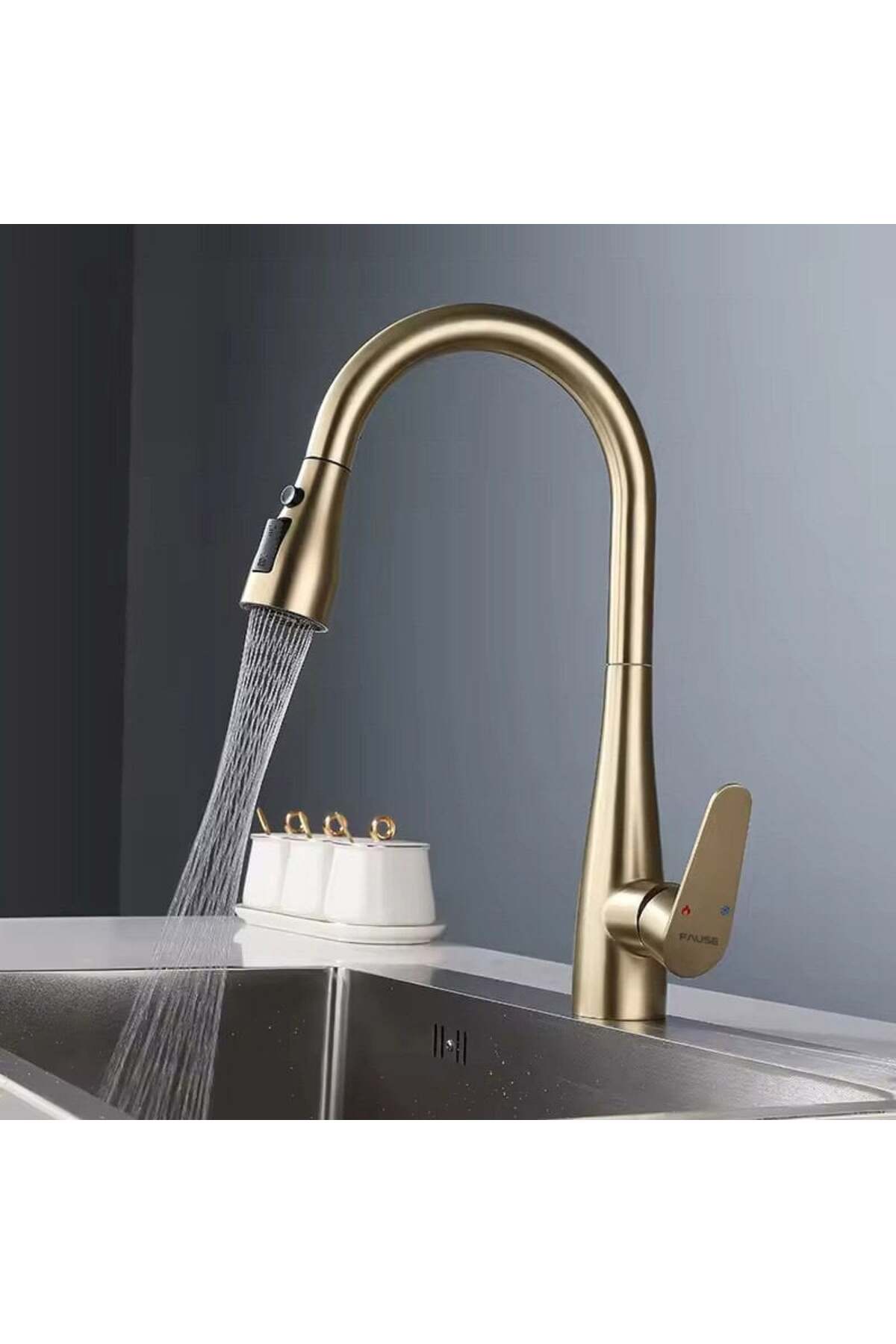Spiralli Eviye Bataryası Pull Down 3 Fonksiyonlu Fırçalanmış Altın KTE125-BG