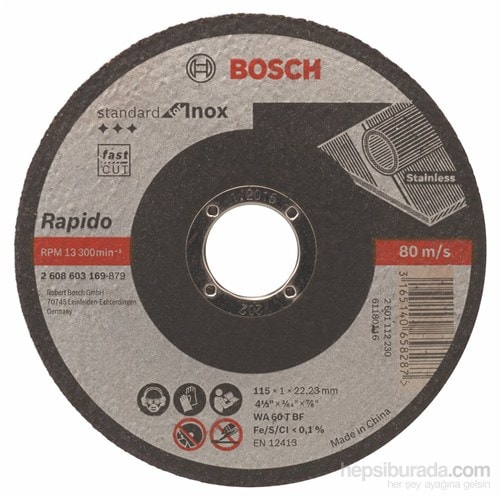 BOSCH - Standard Seri Inox (Paslanmaz Çelik) İçin Düz Kesme Diski (Taş) – Rapido - Wa 60 T Bf, 115 Mm, 22,23 Mm, 1,0 Mm