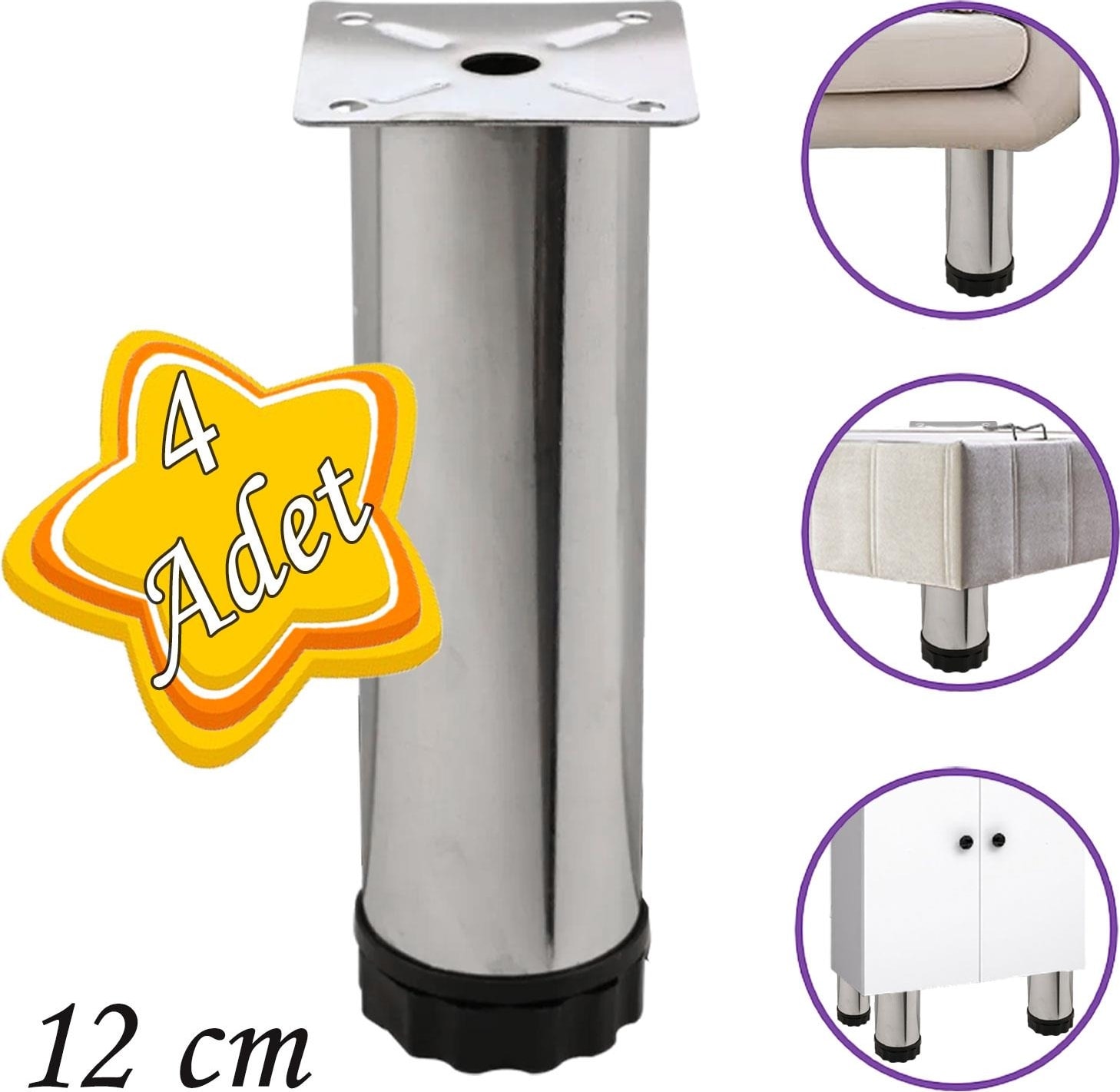 4 Adet Metal Ayarlanabilir 12 cm Krom Destek Ayağı Mobilya Kanepe Baza Koltuk Dolap Sehpa Tv Ünitesi Ayağı