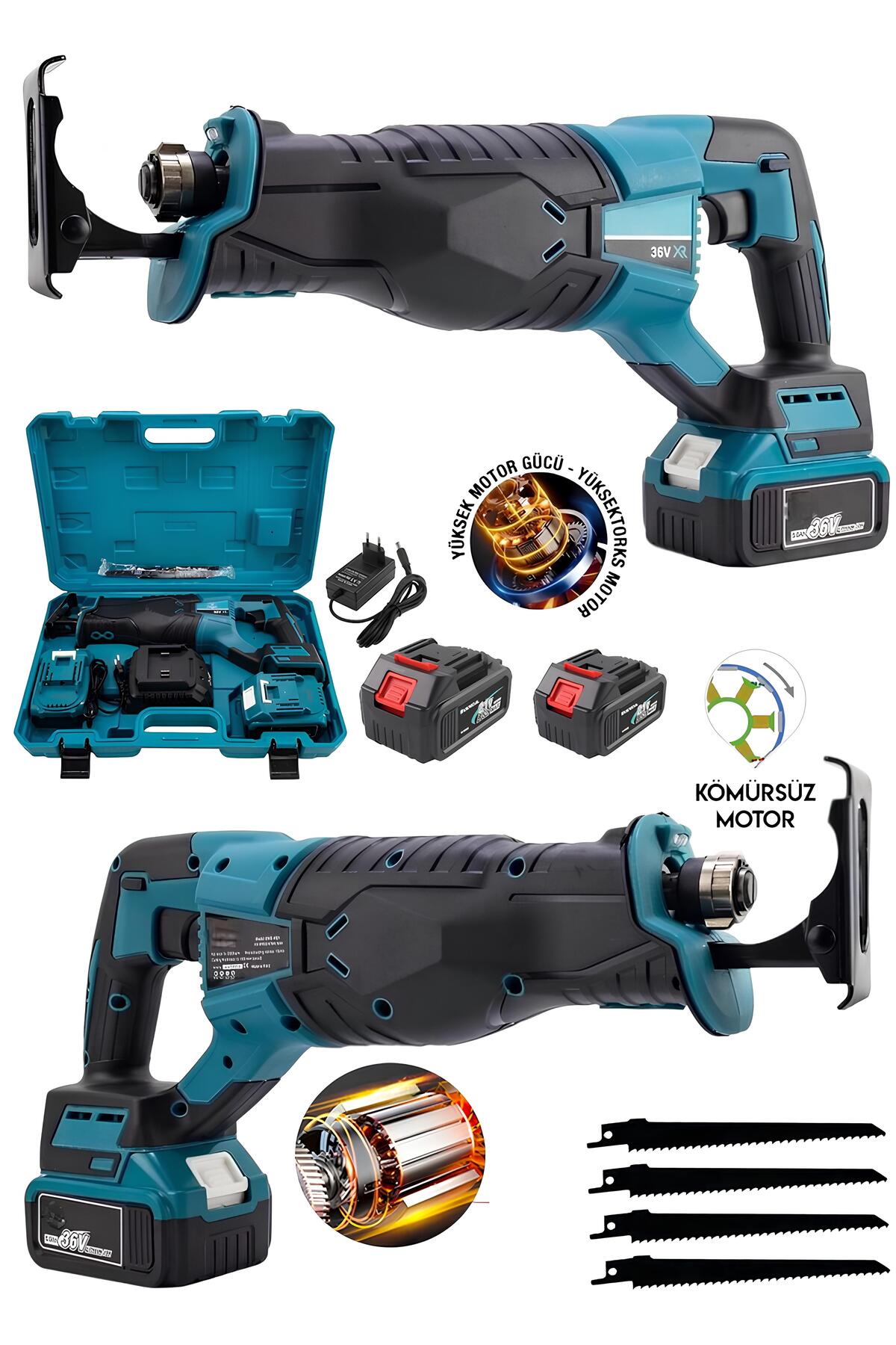 ALMAN 7 SERİSİ ŞARJLI TİLKİ KUYRUĞU TESTERESİ 4 BIÇAKLI KEMİK KESİM VS KÖMÜRSÜZ PİSTONLU MOTOR MAVİ