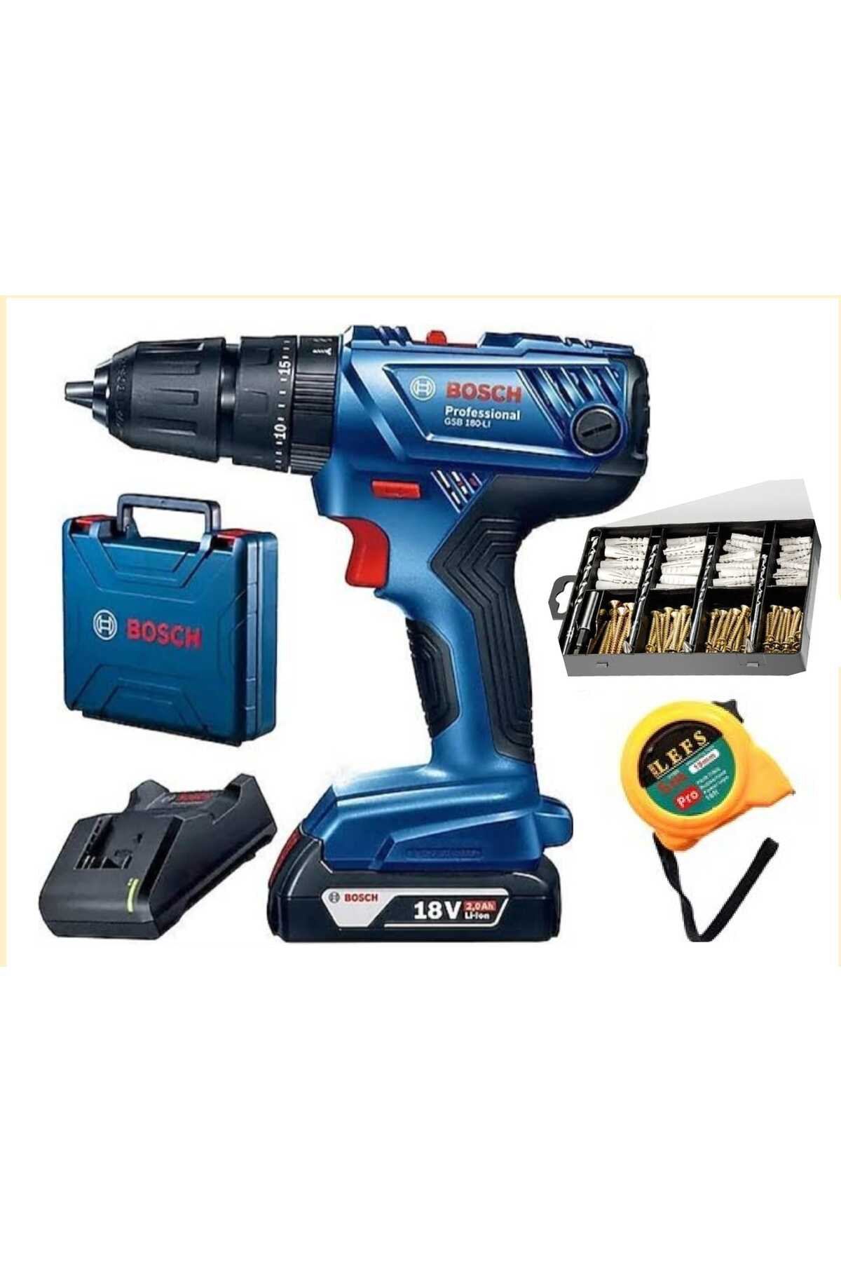 BOSCH Gsb 180 Li TEK BATARYA Darbeli Matkap Vidalama ve  174 Parça Aksesuar Seti