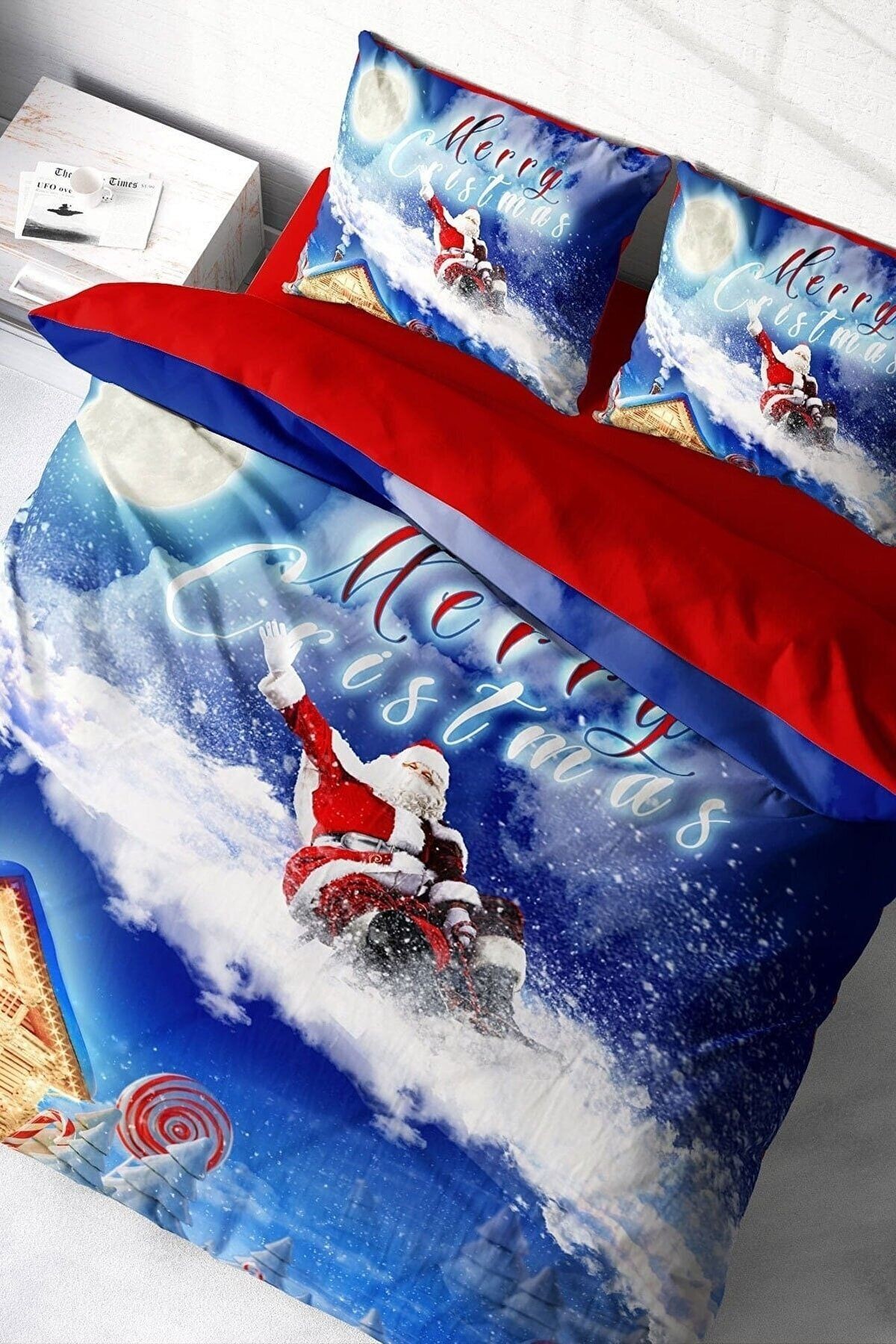 Yılbaşı Süsü Blue Noel %100 Pamuk Saten 3d Çift Kişilik Nevresim Takımı