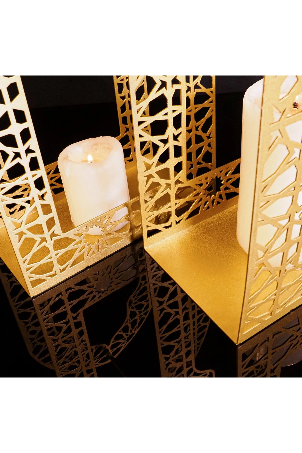 İslami Motifli 2'li Metal Ramazan Mumluk Seti - Ramazan Süsleri - Olive Gold - Wamh168
