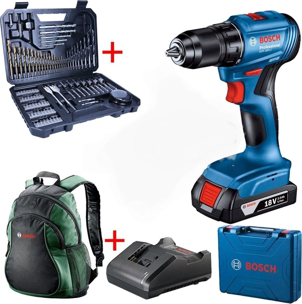 BOSCH Gsr 185 Li Darbesiz Matkap Vidalama (Tek Batarya) , 103 Parça Uç Seti ve Çanta