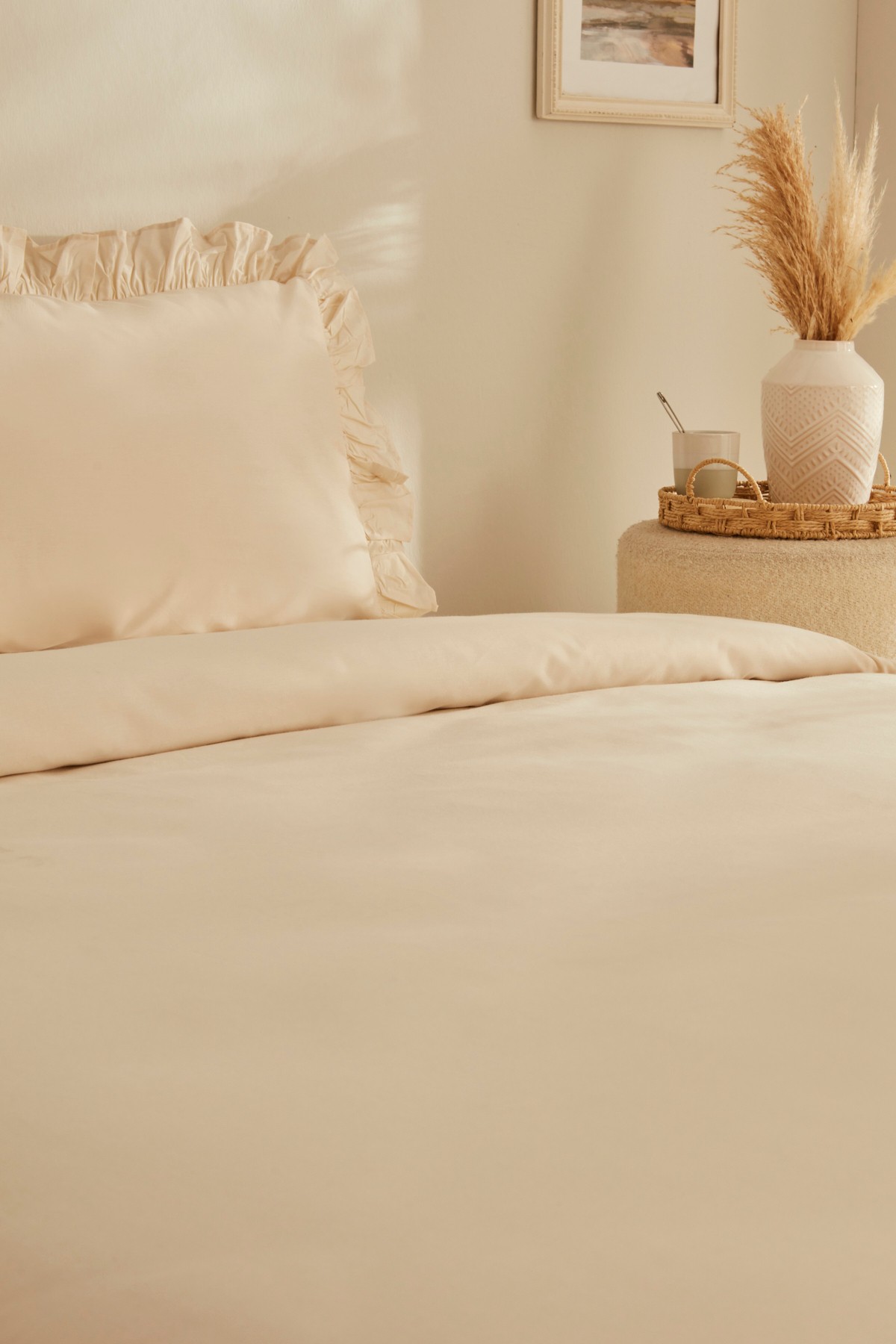 Pure Ruffle %100 Pamuk Çift Kişilik Nevresim Takımı Açık Bej