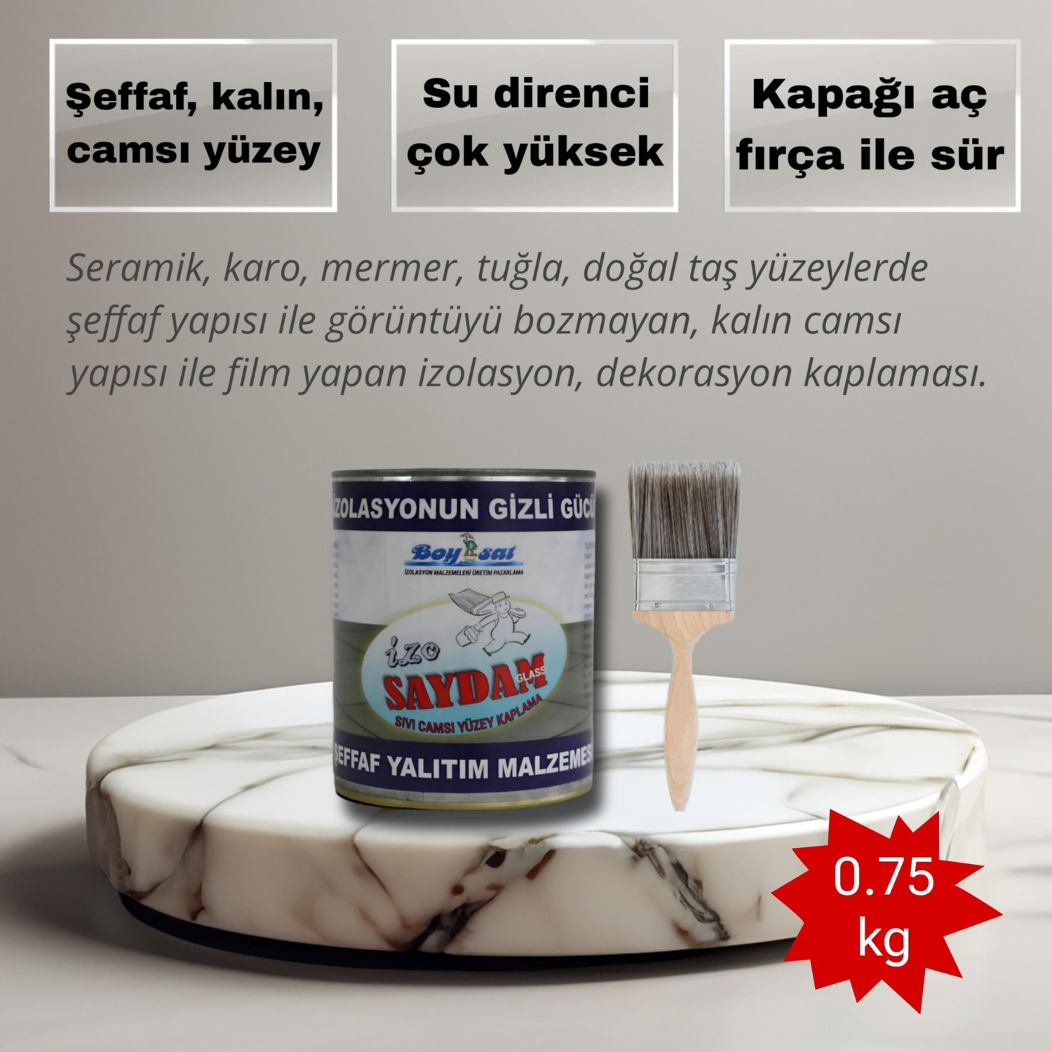 Izo Saydam Glass Seramik Karo Mermer Şeffaf Sıvı Cam Izolasyon Kaplaması 0.75 kg