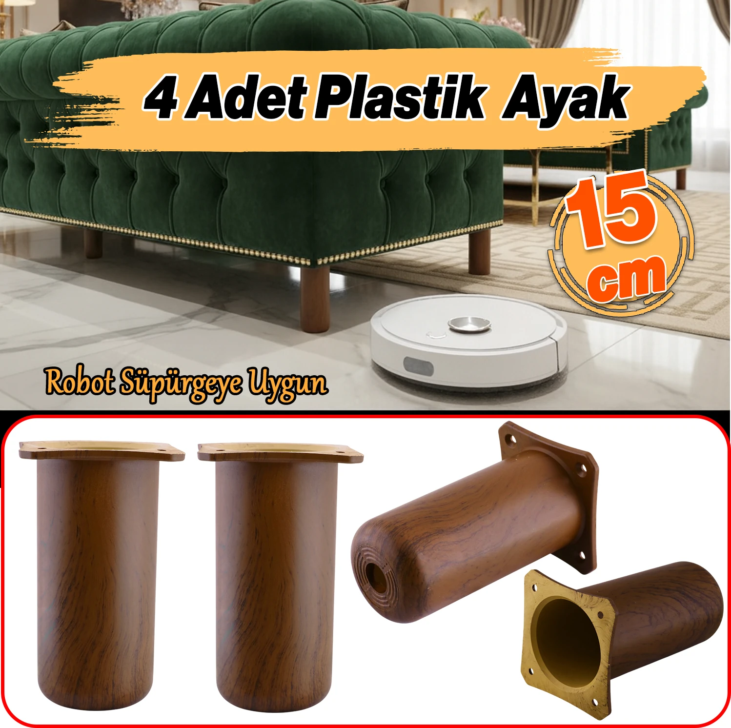(4 Adet) Plastik Liva Kestane Kahvesi 15 cm Ayak Mobilya Kanepe Koltuk Baza Yükseltme Ayağı Ayakları