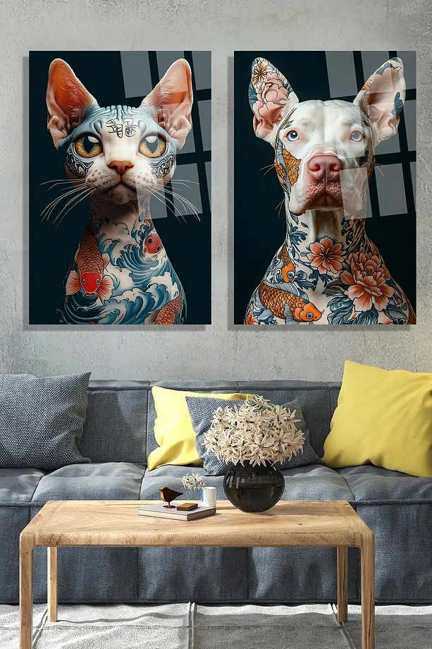 2 Lİ TATTOO TABLO DÖVMELİ KEDİ VE KÖPEK CAM TABLO ULRTA CANLI RENK CAM TABLO KIRILMAZ CAM