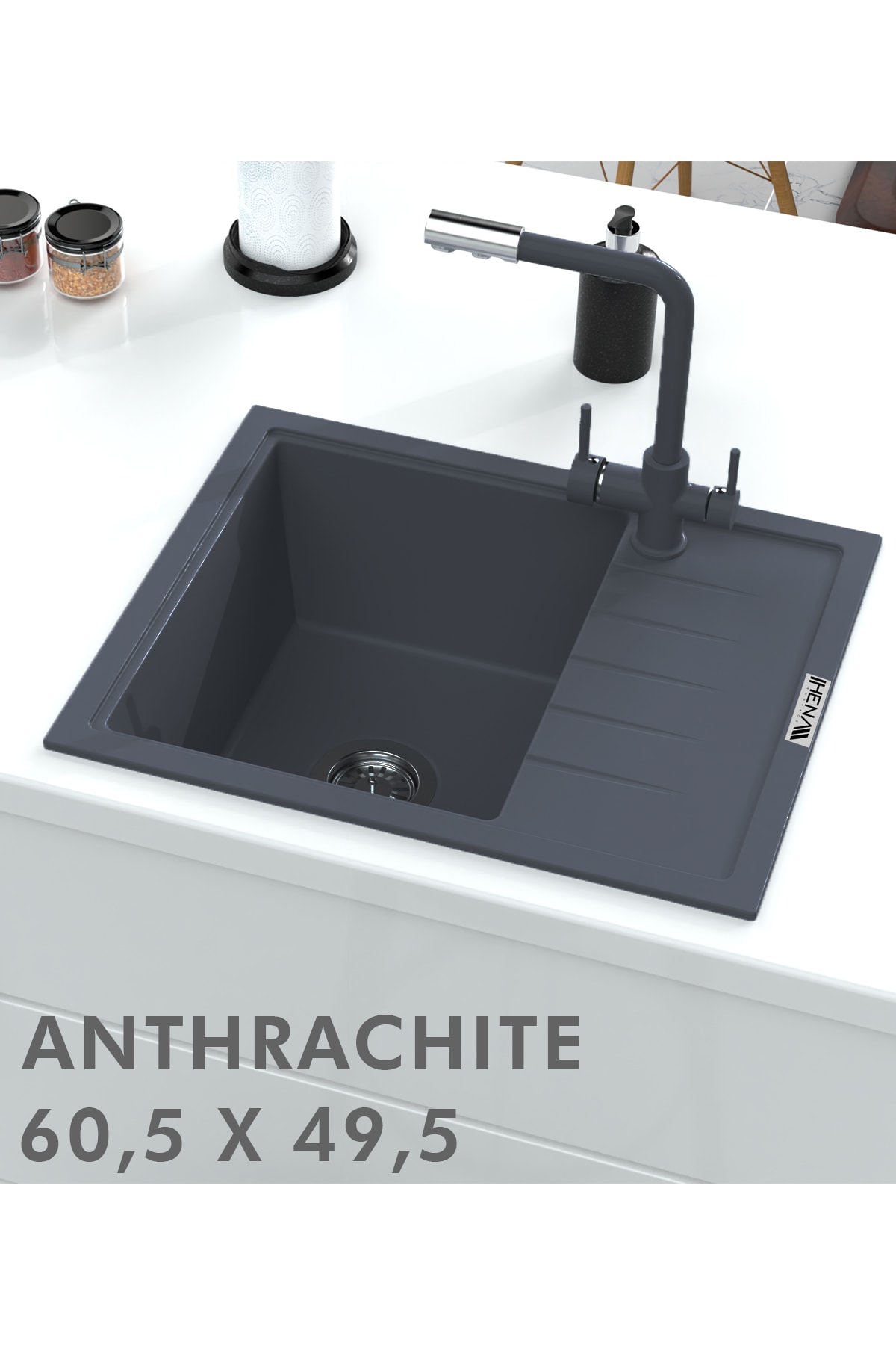 Granit Eviye 1 Gözlü Damlalıklı Antrasit 60x50 Granit Evye Kuvars