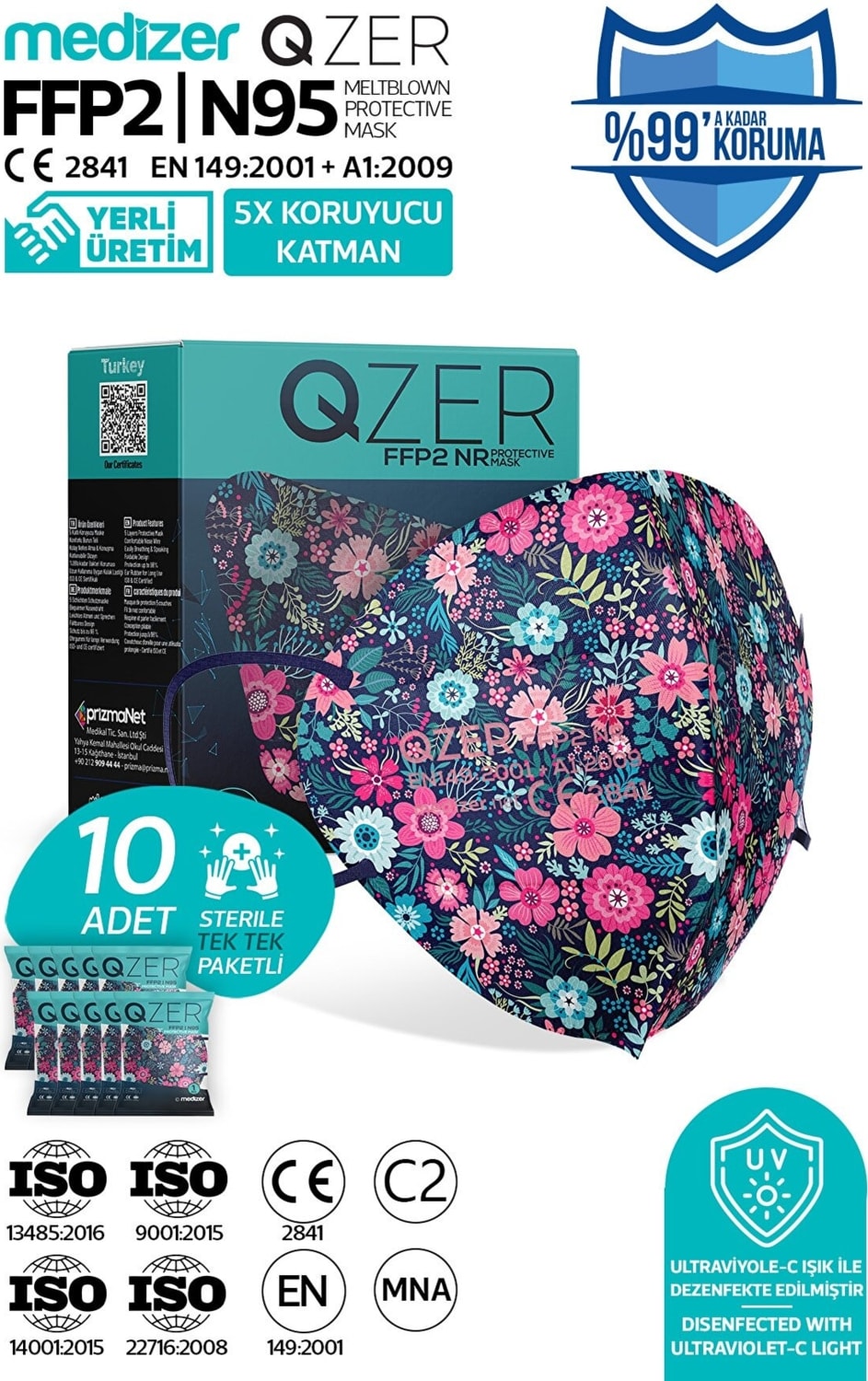 Qzer Blue Flos Desenli Ffp2 N95 Maske 5 Katmanlı