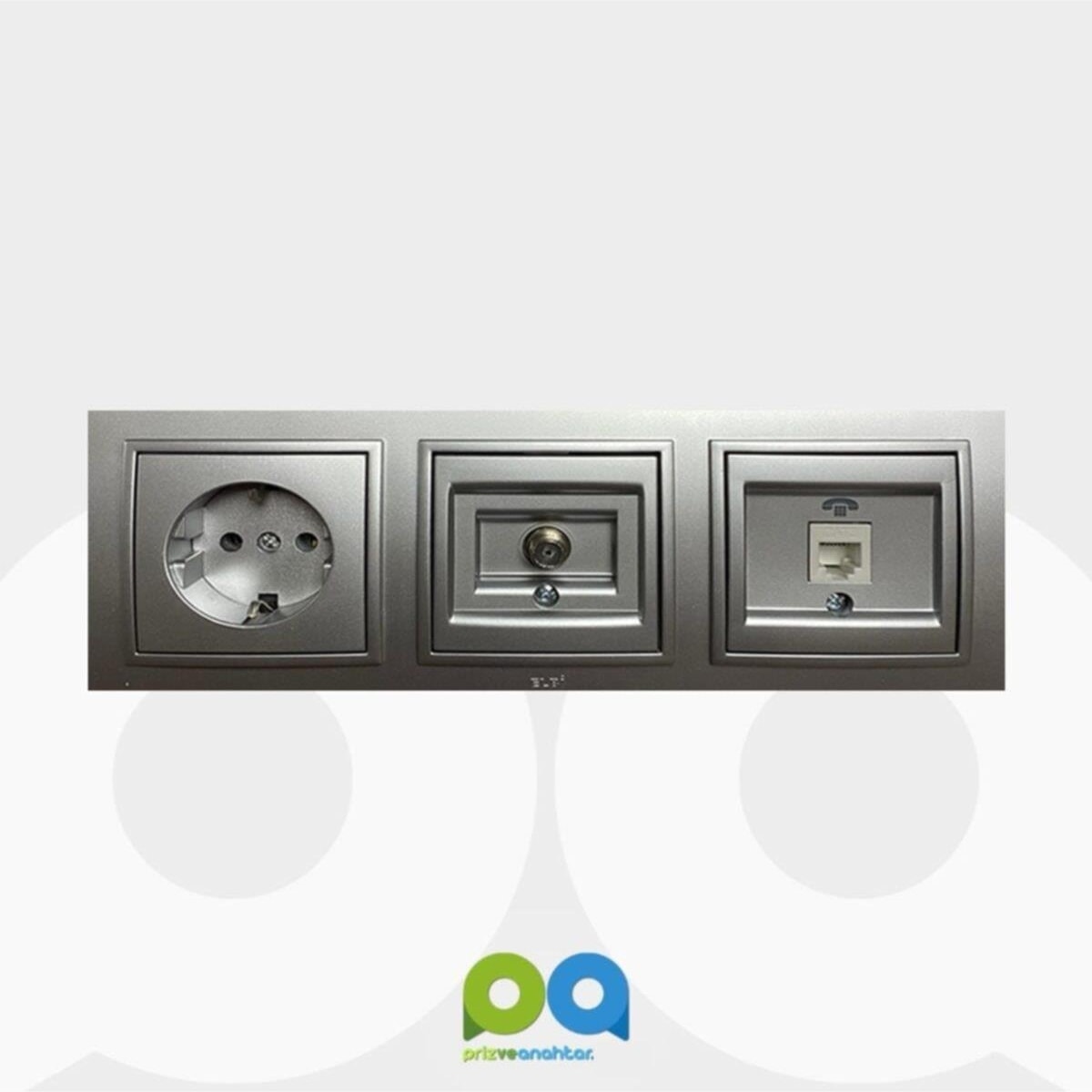 Zena Üçlü Takım Topraklı Priz Uydu Prizi Telefon Prizi Üçlü Çerçeve ( Gümüş ) Metalik Gri