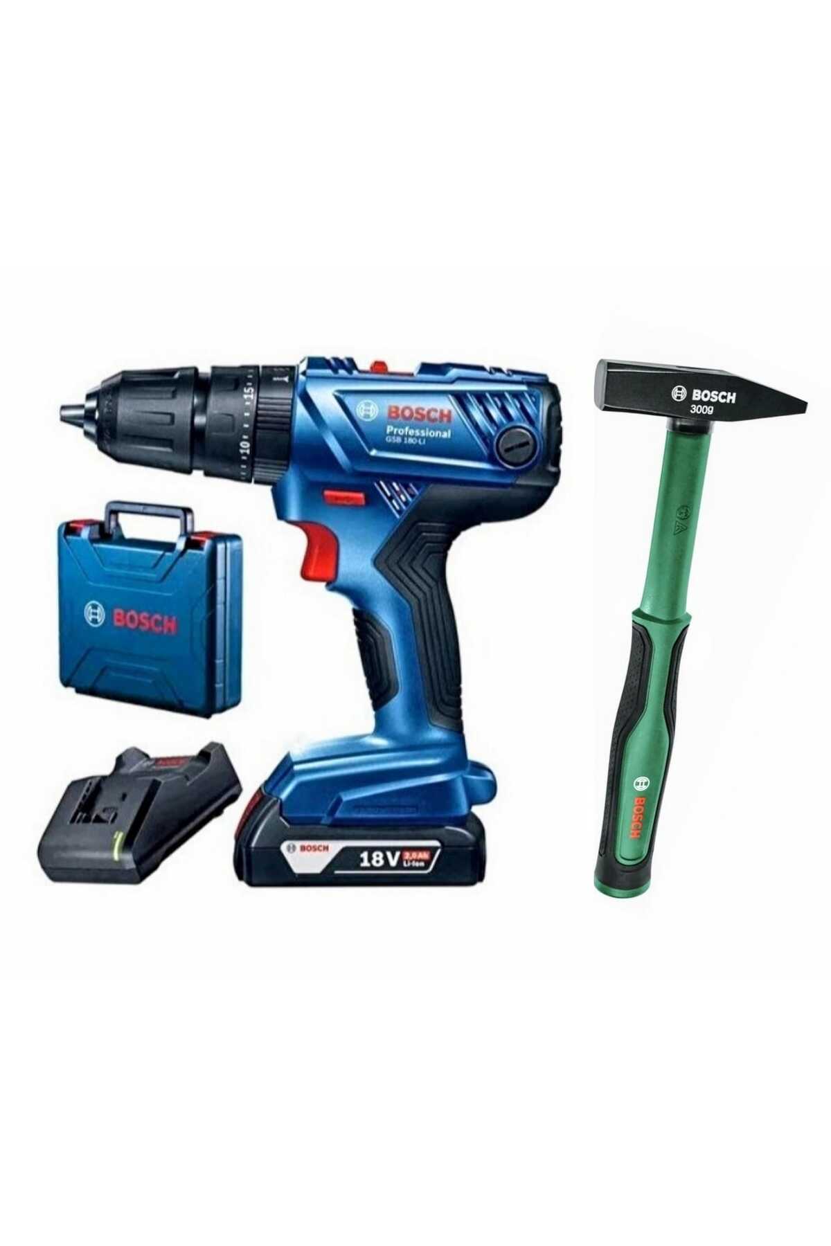 BOSCH Gsb 180'li Darbeli Tek Akülü Şarjlı Matkap Vidalama ve  300 g Çekiç Hediye