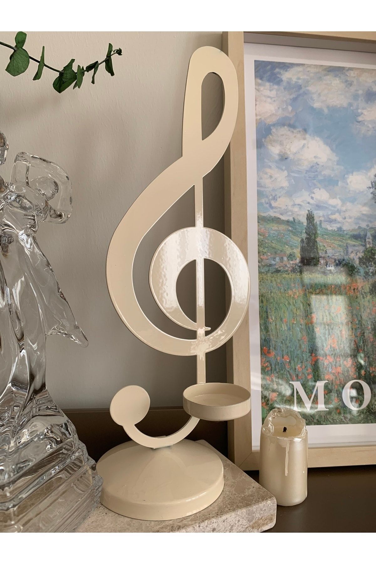 Metal Masaüstü Sol Anahtarı Mumluk 35 cm (Krem renk)