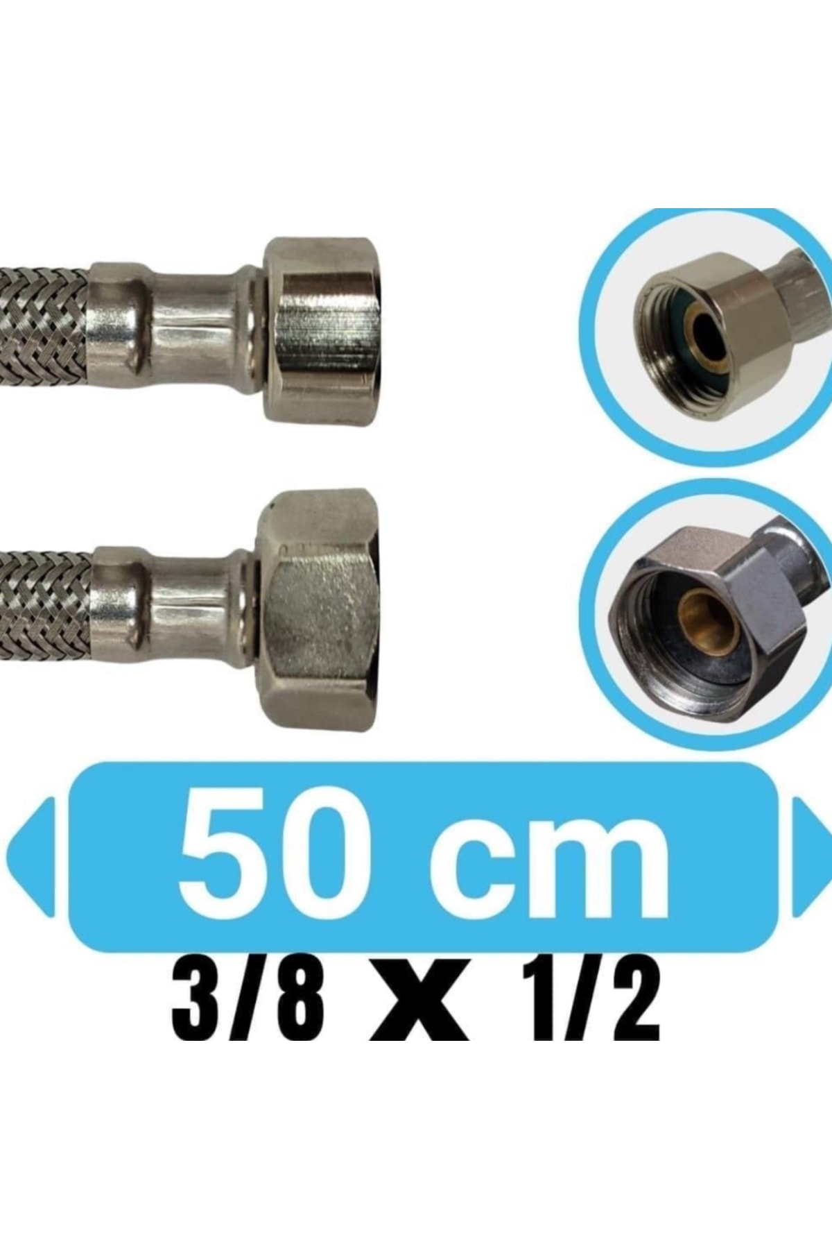 1/2 - 3/8 Flex Su Bağlantı Hortumu Klozet,kombi,Taharet Çelik Hortum 60 Cm