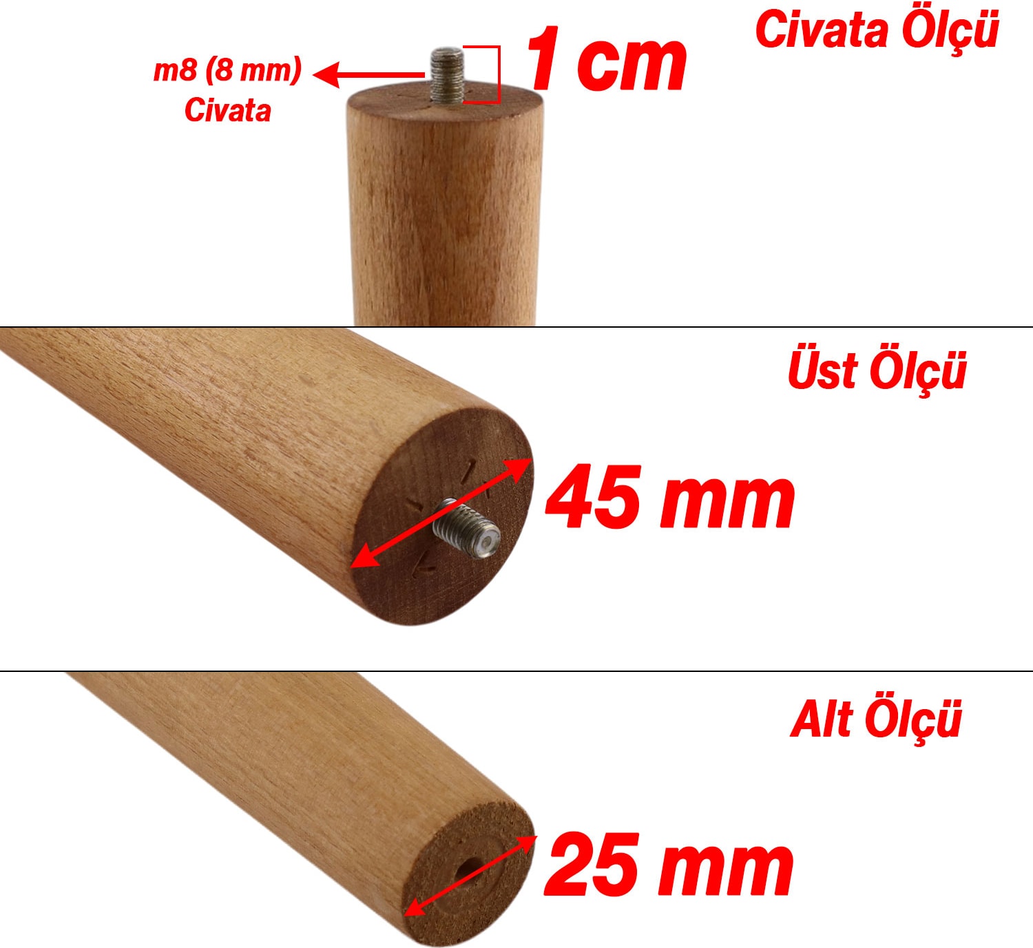 Sehpa Ayak 3'lü Takımı 40 cm Silindir Mobilya Ayağı Aksesuar Ayakları Kahverengi Boyalı Doğal Ahşap