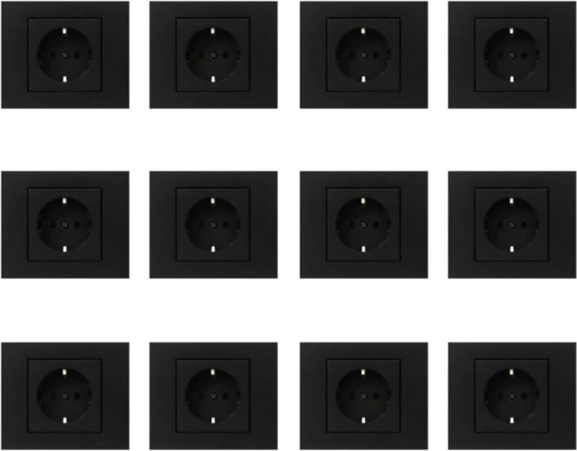 Siyah Topraklı Priz+Çerçeve 12'li Set