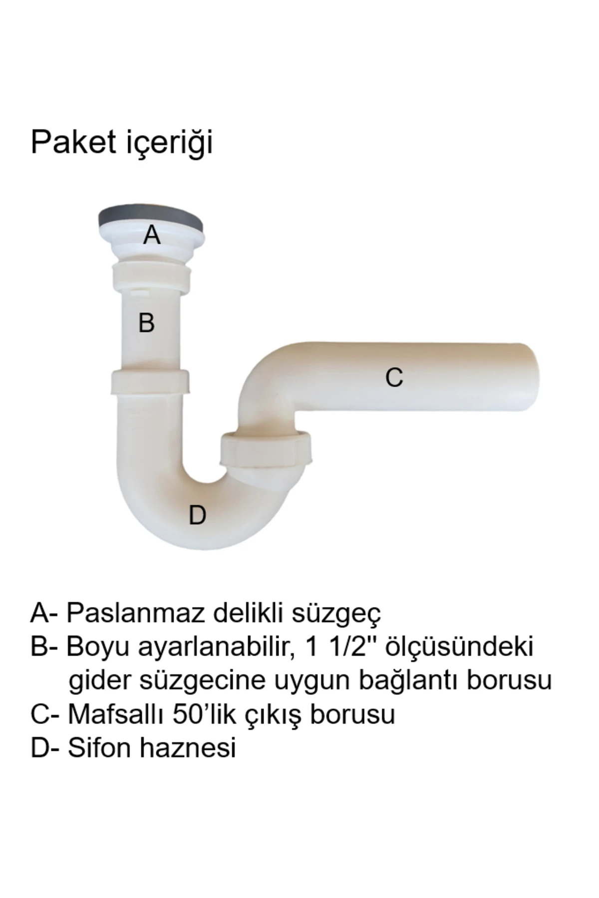 Koku önleyici lavabo sifonu evye Sifonu 100/0 delikli süzgeçli, kokusuz mafsallı 50'lik çıkış borulu