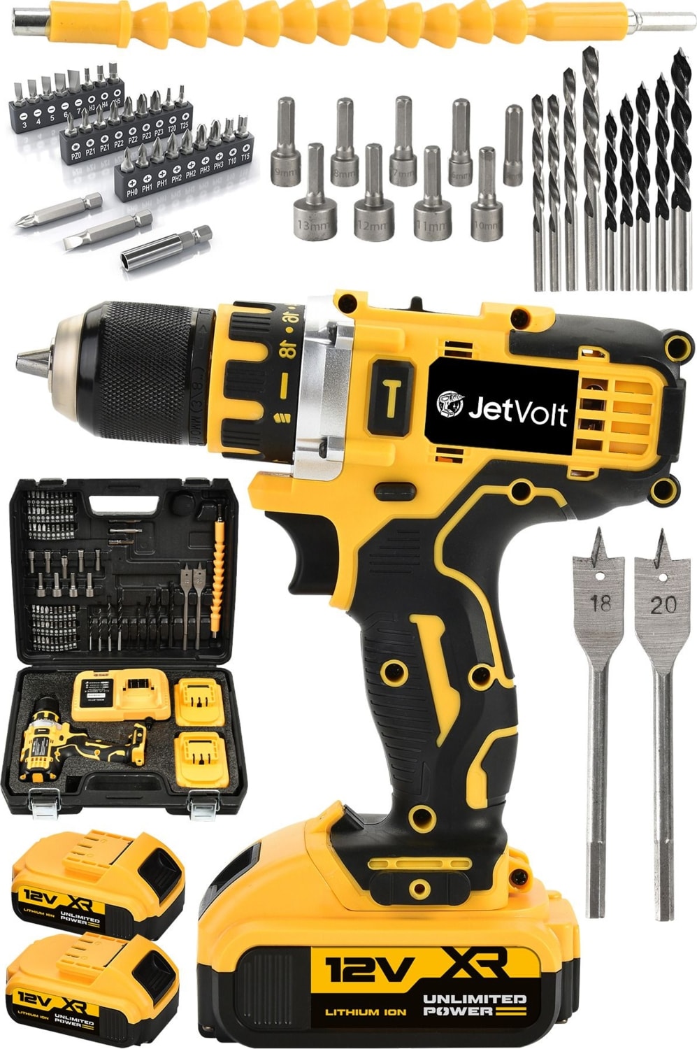 12V 2.0AH Şarjlı Matkap Seti, Metal Şanzıman, Bakır Sargı, Çift Akü, 84 Parça, Sarı