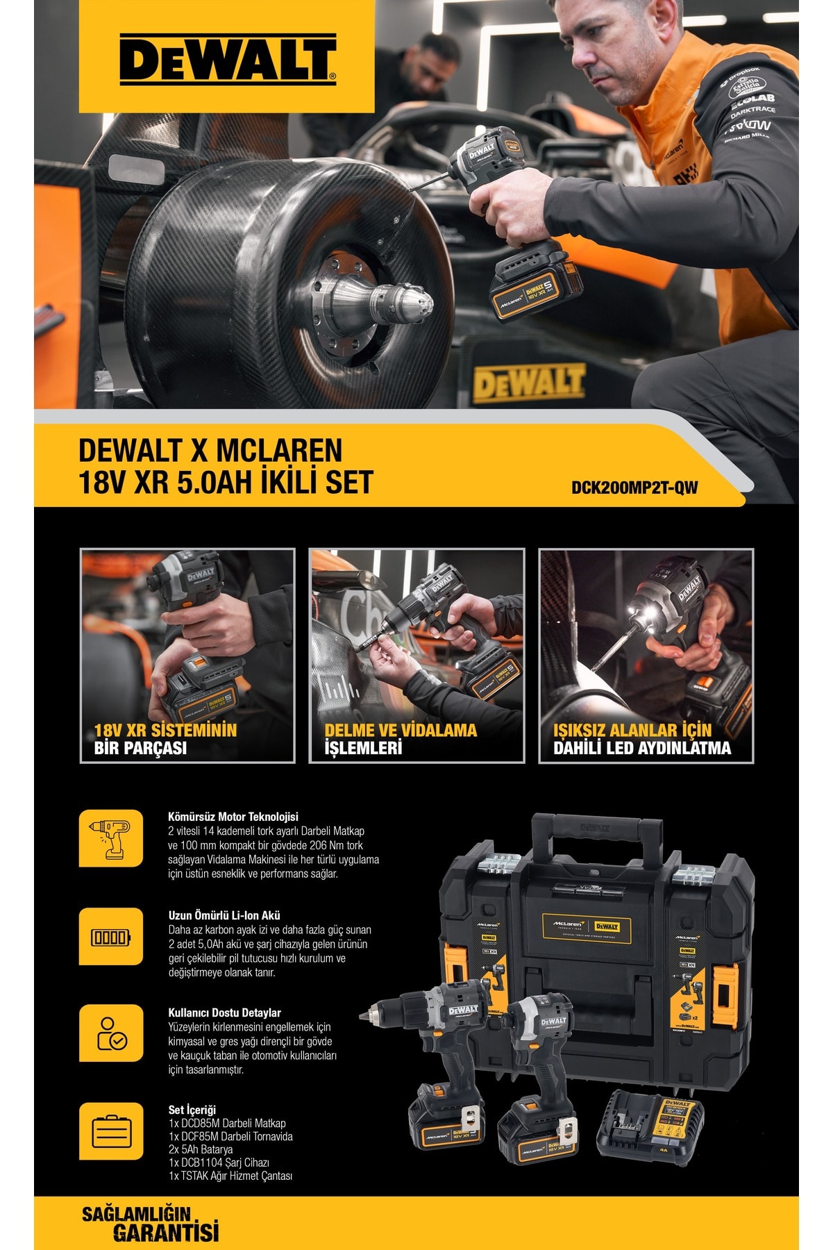 DEWALT DCK200MP2T-QW X Mclaren 2'li Set Şarjlı Vidalama Kömürsüz Akülü Torklu Darbeli Matkap 5.0 Ah.