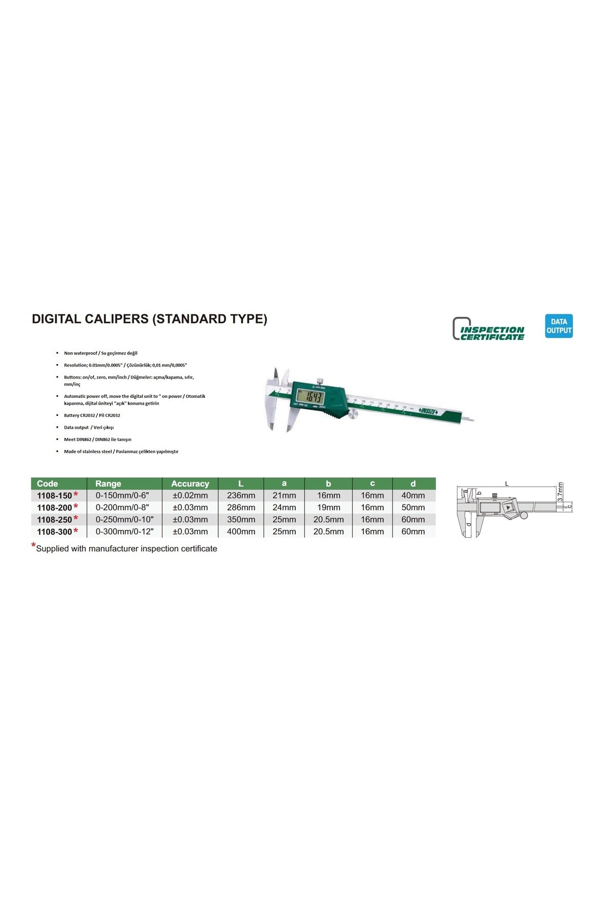 İNSİZE DİJİTAL KUMPAS 200MM 1108-200 MM