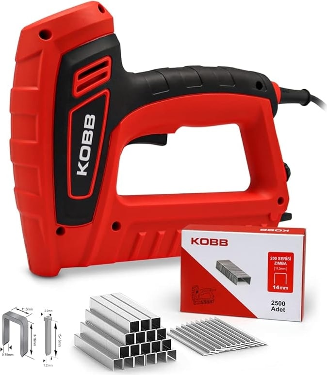 KBZ200 8-16MM Zımba ve 15-16MM Profesyonel Çivi Çakma Makinesi + 3000 Adet Yedek Zımba ve Çivi, Kırmızı/siyah