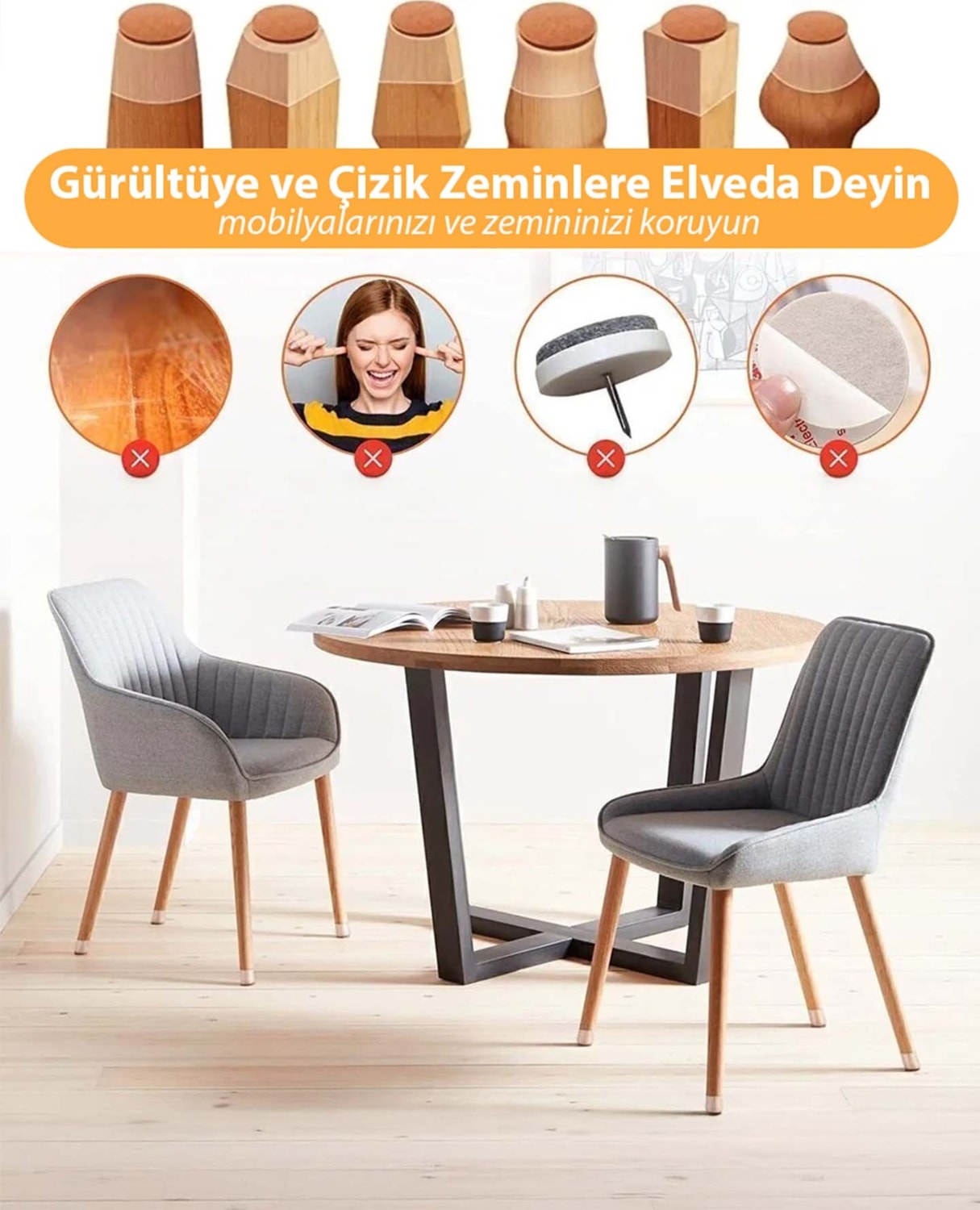 Orta Boy (2 cm ve 2.8 Cm) Füme Keçeli Silikon Masa Sandalye Pabuç Sandalye Kaydırmaz Zemin Koruyucu