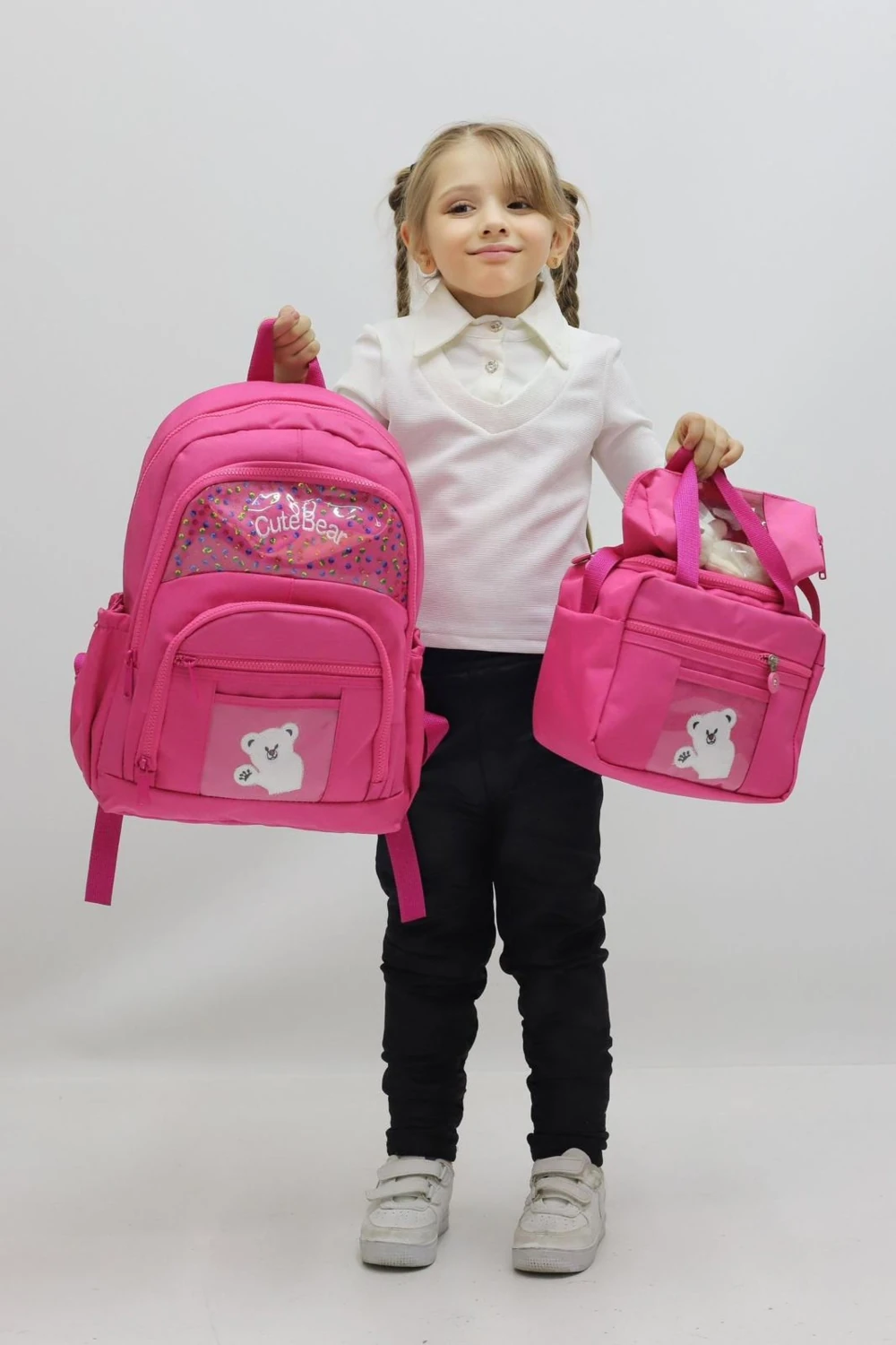 3lü Kız Okul Çantası Tatlı Ayıcık Desenli Sırt Çantası Termal Beslenme Kalemlik Hediye