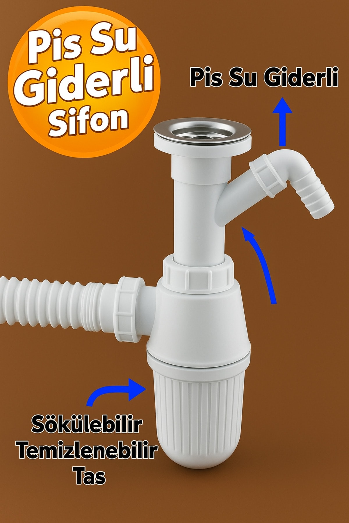 Çift Giderli Lavabo Sifon Pis Su Gideri Taslı Sökülebilir Körüklü Temizlenebilir Banyo Mutfak Boru