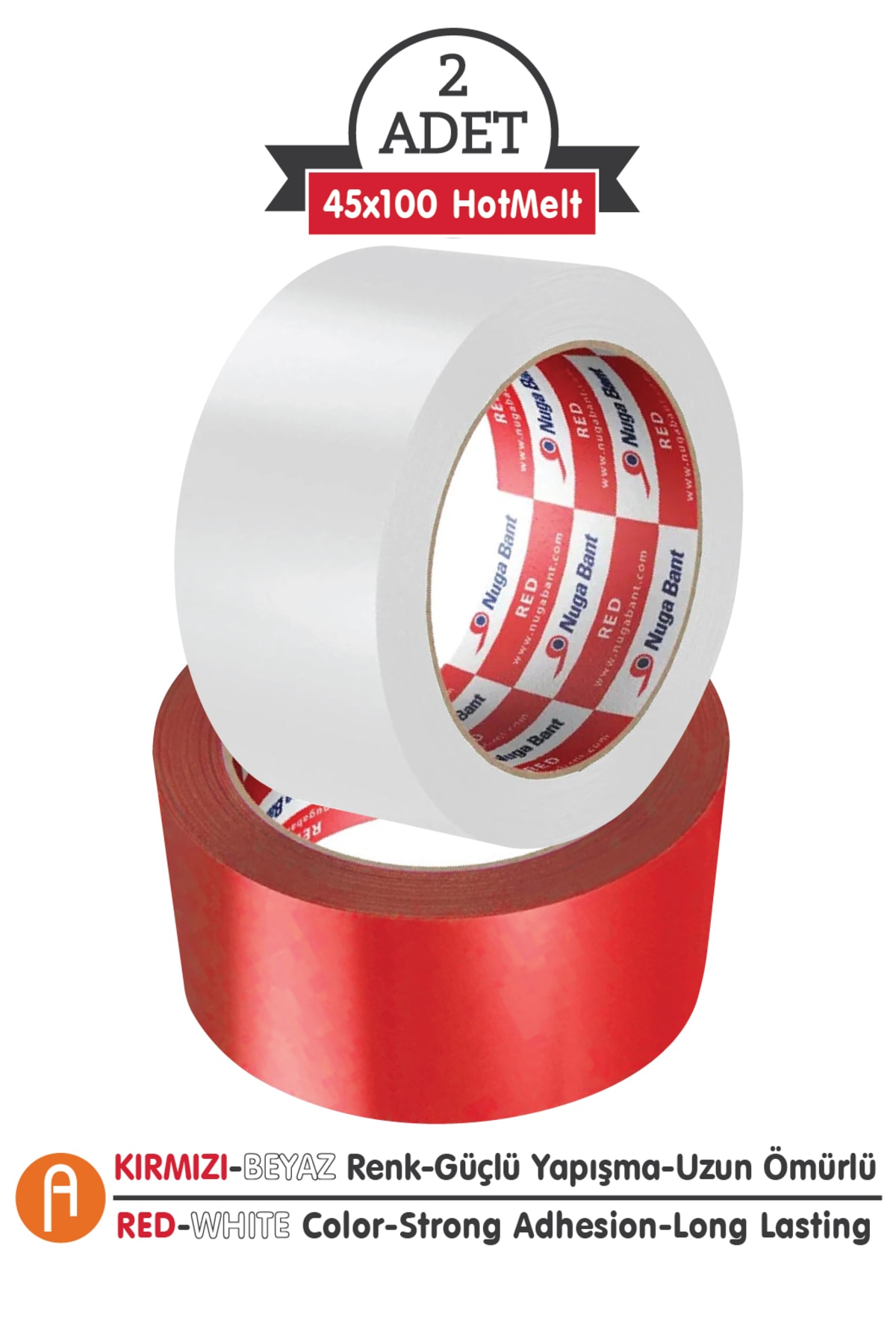 2'Li Koli Bandı Seti - Kırmızı ve Beyaz - 45mm.x100m. - Güçlü Yapışma HotMelt Kalite