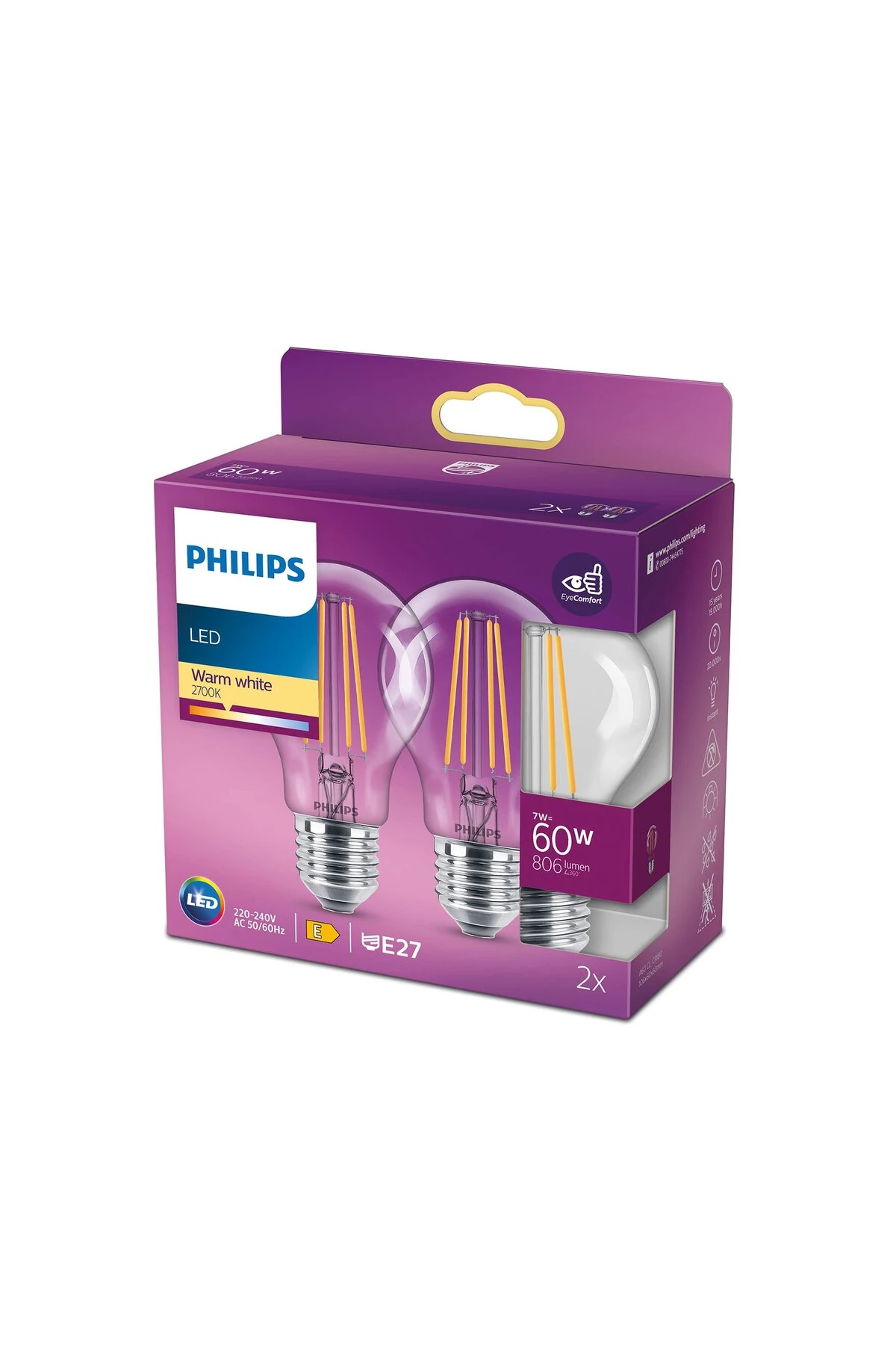 A60 Led Classic 60W E27 Non-Dim 2'li Ampul - 2700K - Sarı Işık