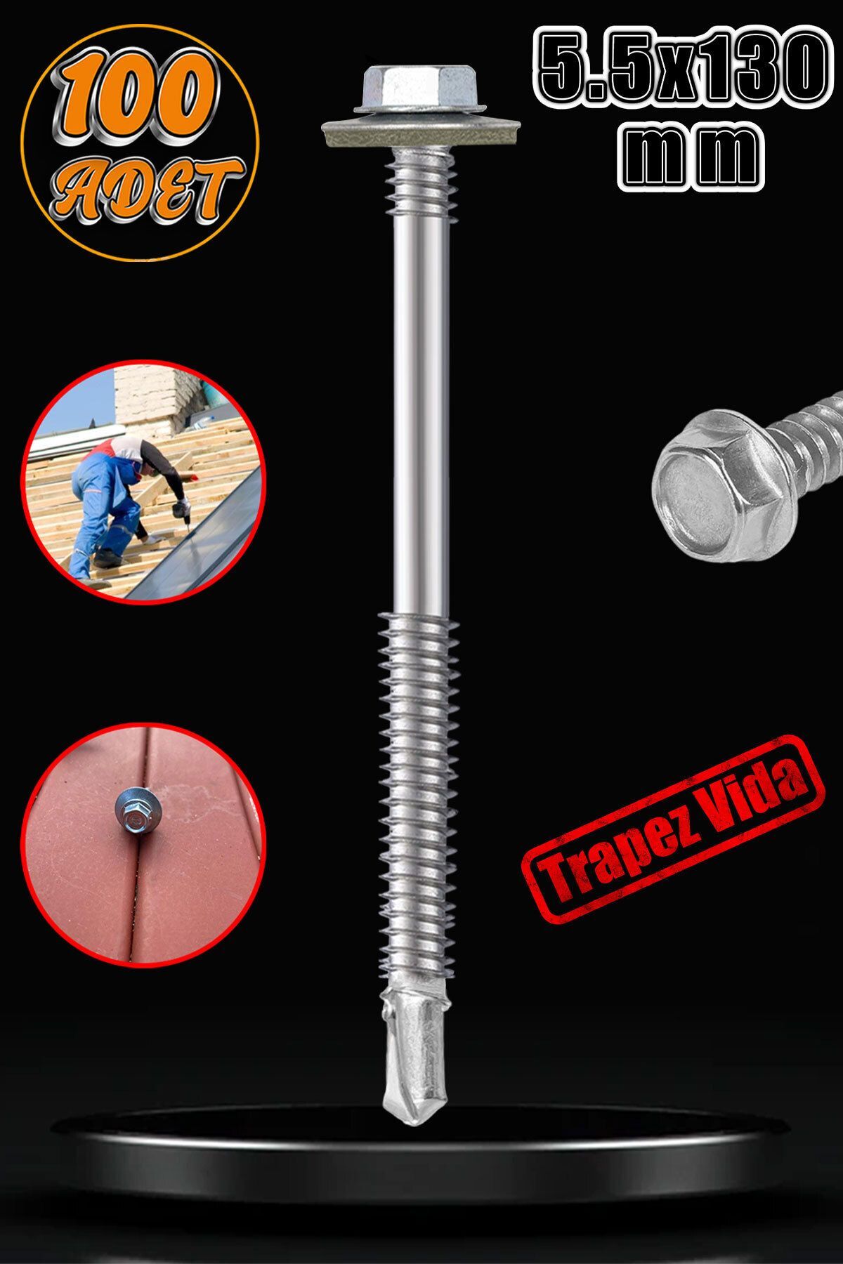 OZKUVVET Trapez Çatı Vidası 5.5x130 mm Paket 100 ADET Matkap Uçlu Sac Akıllı Vida Çatı Panel Metal Ağaç Vidas