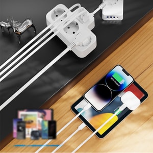 Akım Korumalı Priz, Duvar Priz Çoğaltıcı, 3x Priz Soketi, 2x Type-C Girişi, 1x USB Girişi, Çocuk Korumalı ve Isıya Dayanıklı Yapı, Aşırı Gerilim Koruyucu, 16A/3680W (Kablosuz)