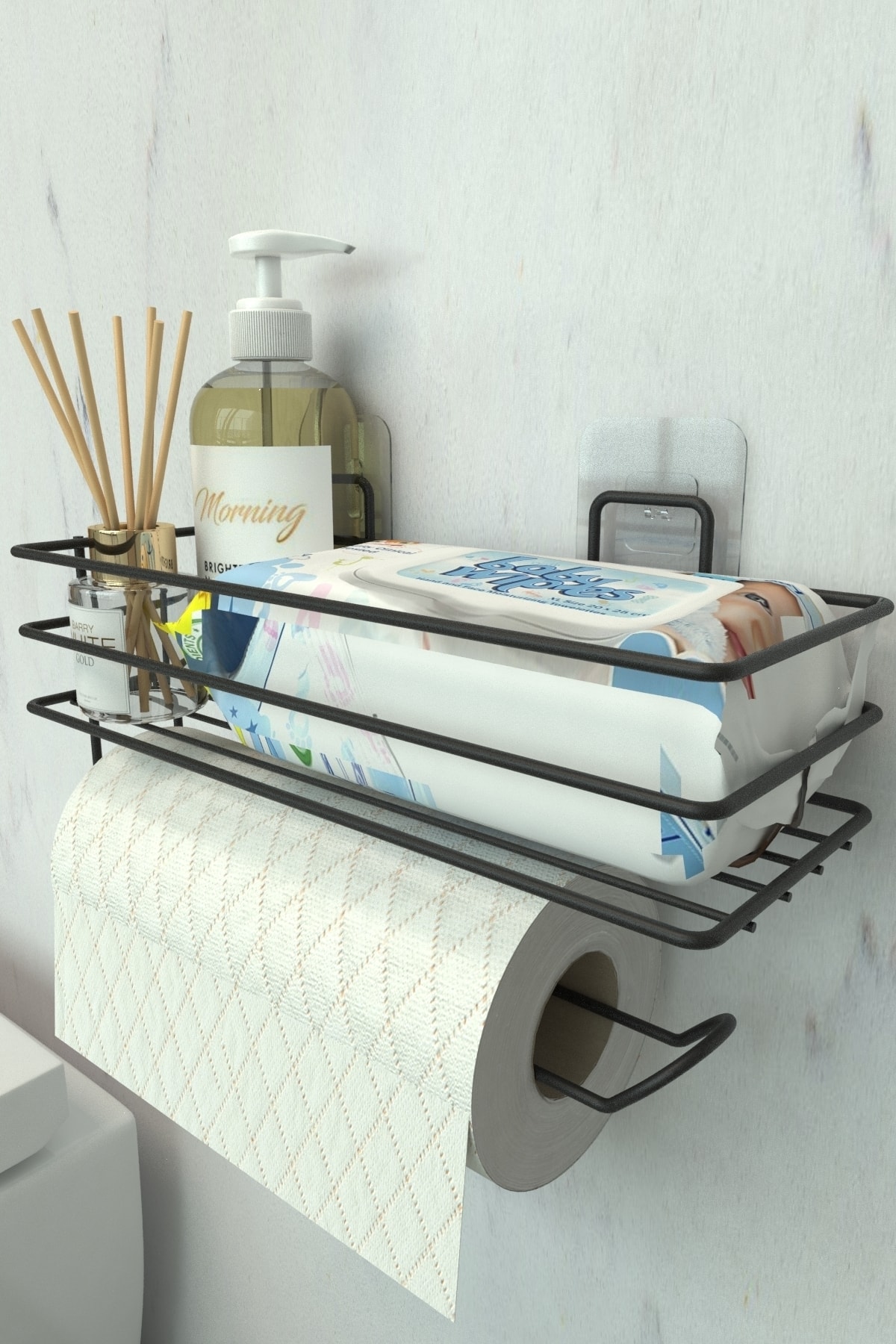 Yapışkanlı Raflı Kağıt Rulo Havluluk Peçetelik Havlu Kağıltlık Siyah Banyo Mutfak Düzenleyici Raf
