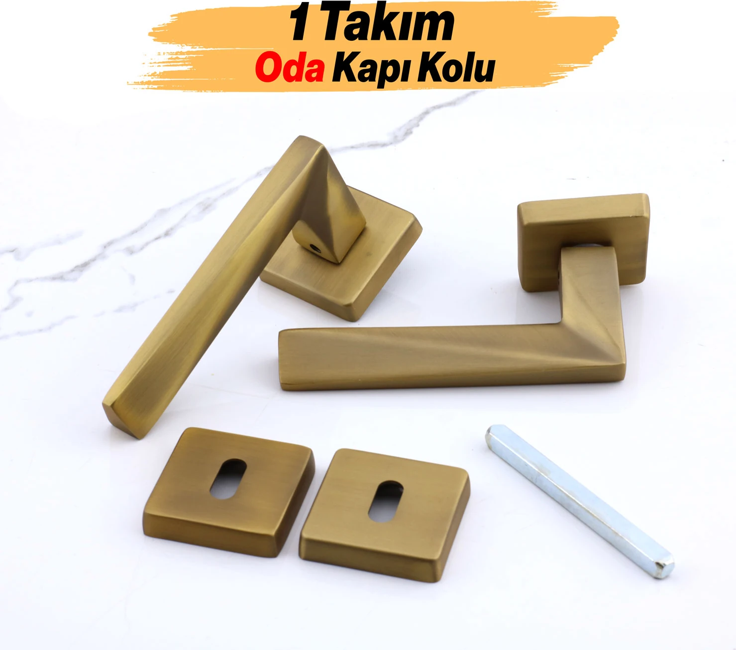 Oda Kapı Kolu Kare Rozetli Antik Sarı Sürgülü ve Çelik Kapı Kulpu Uyumlu Sağ Sol Uygun Kolları