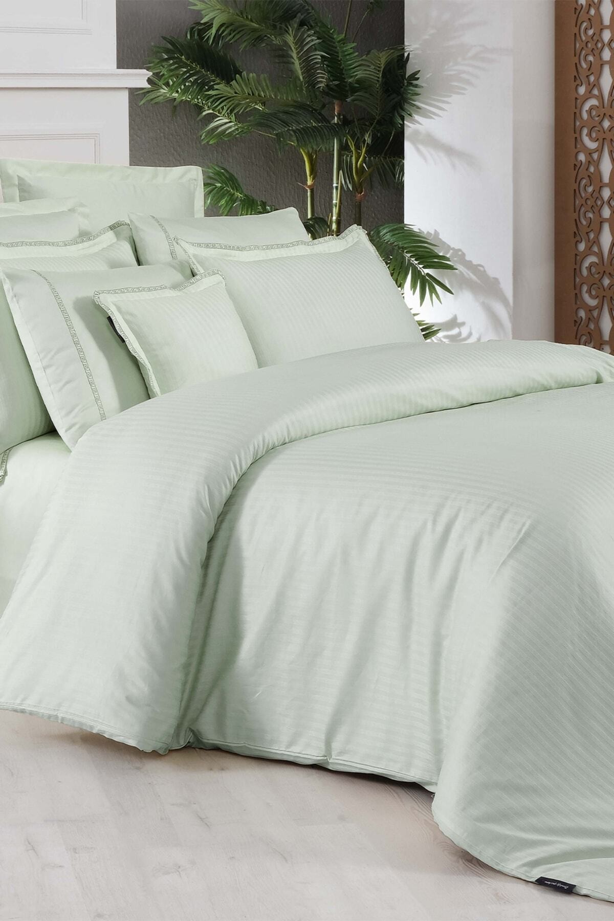 Jacquard Stripe Yeşil Çift Kişilik 260 Tc %100 Pamuk Saten Nevresim Takımı