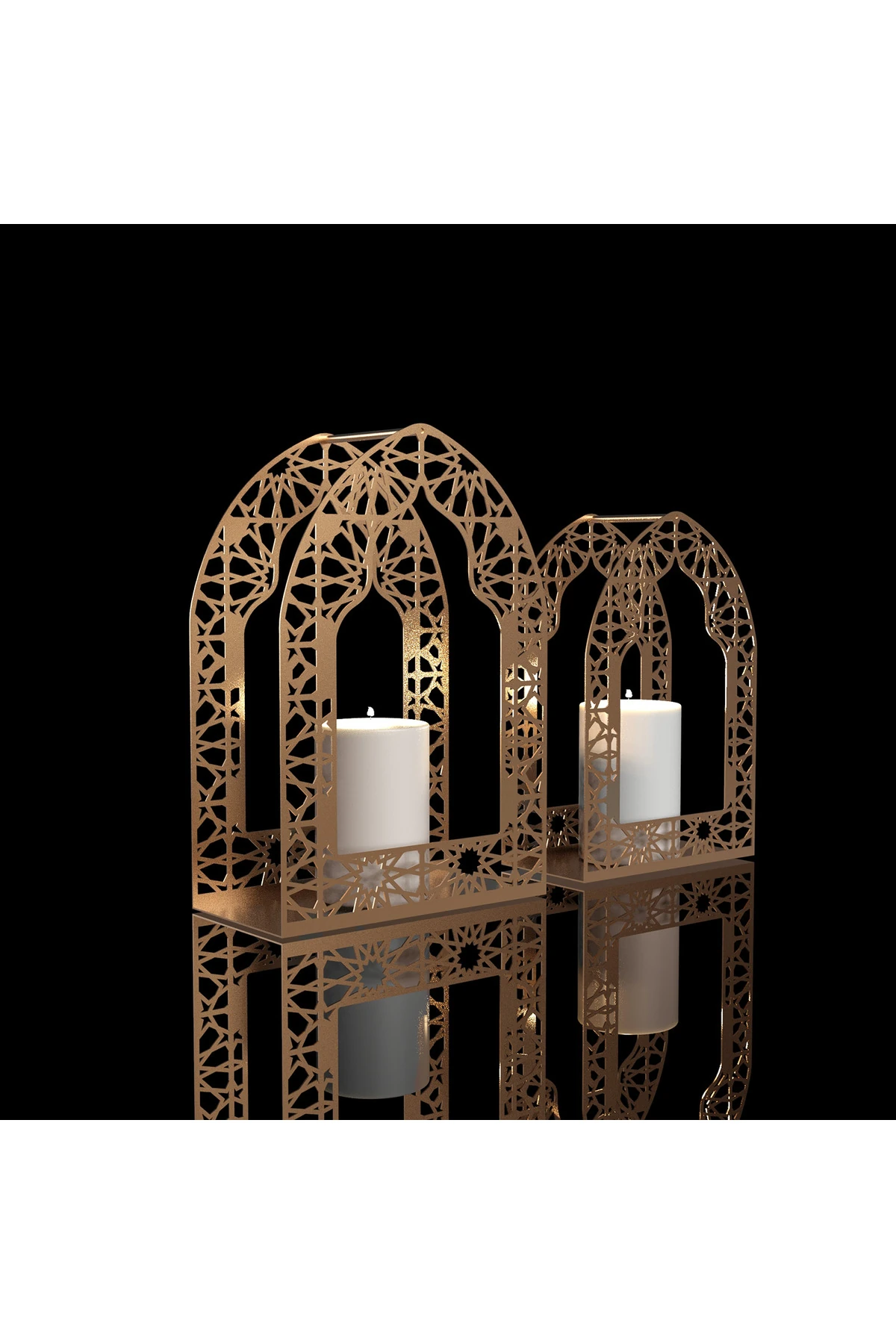 İslami Motifli 2'li Metal Ramazan Mumluk Seti - Ramazan Süsleri - Olive Gold - Wamh168