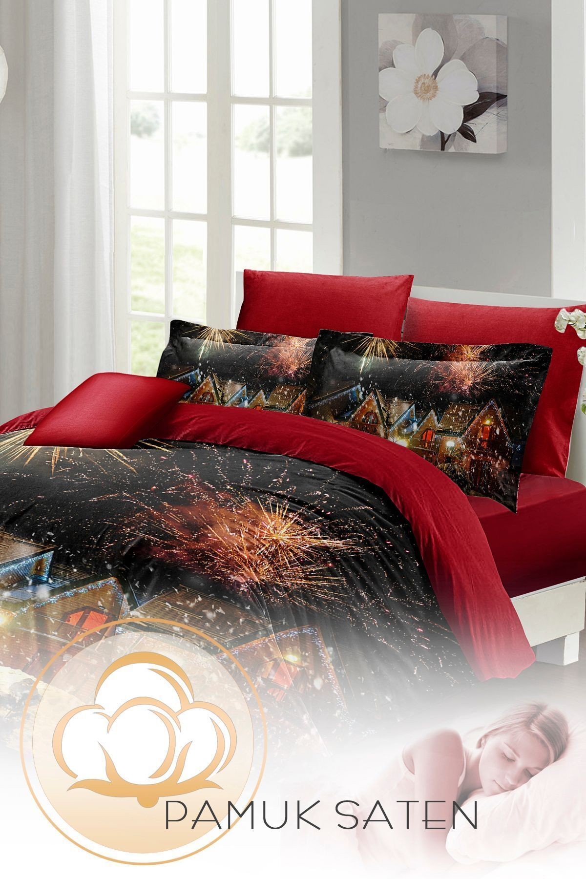 Yılbaşı Nevresim Takımı Çift Kişilik %100 Pamuk Saten Nights Houses