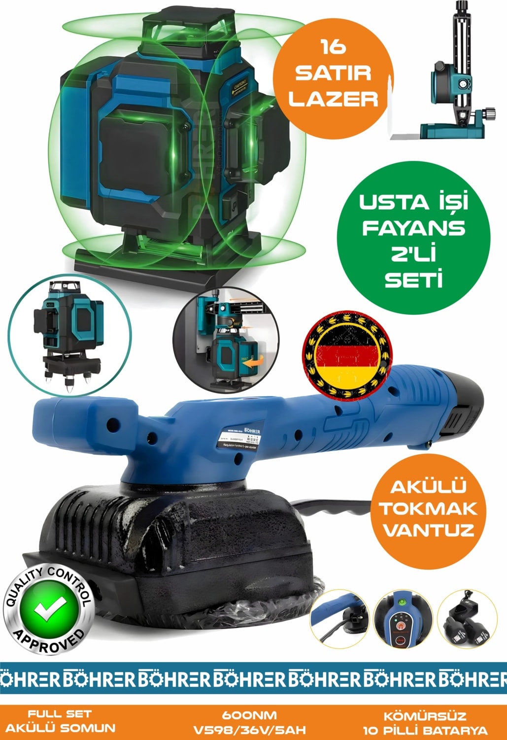 Alman Pro BA01079M 2'li Usta Fayans Seti 16 Satır 360 Derece Lazer Hizalaam + Titreşimli Kademeli Fayans Vantuz Tokmak Makinesi