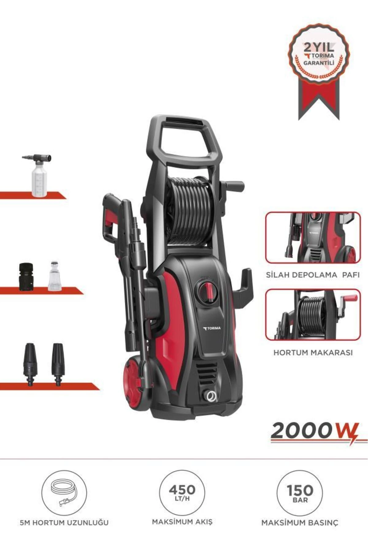 HPC-01 Kırmızı Yüksek Basınçlı Oto, Halı, Bahçe Temizleme ve Yıkama Makinesi – 2000W, 150 Bar